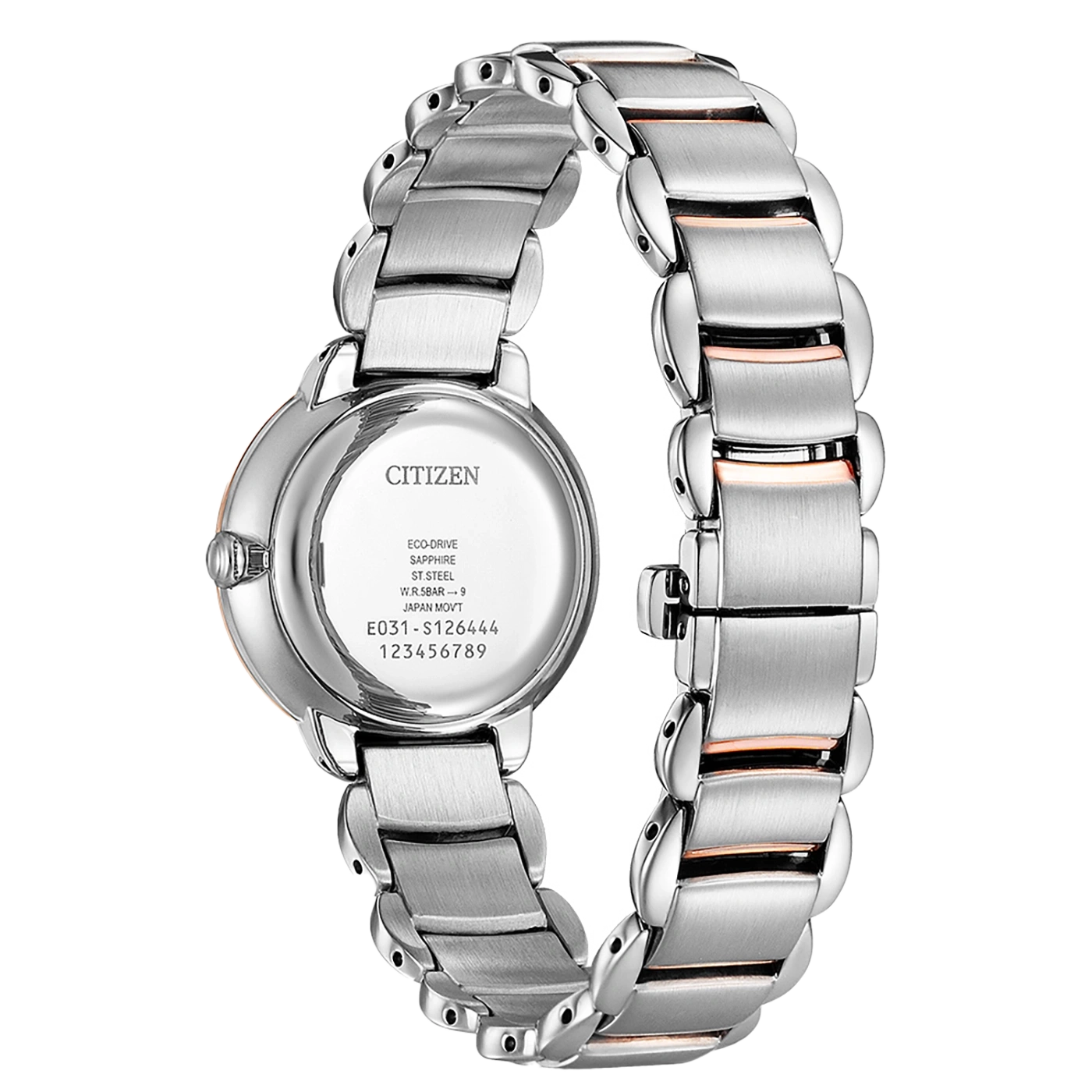 Citizen watch with silver and rose gold accents, Eco-Drive, sapphire crystal