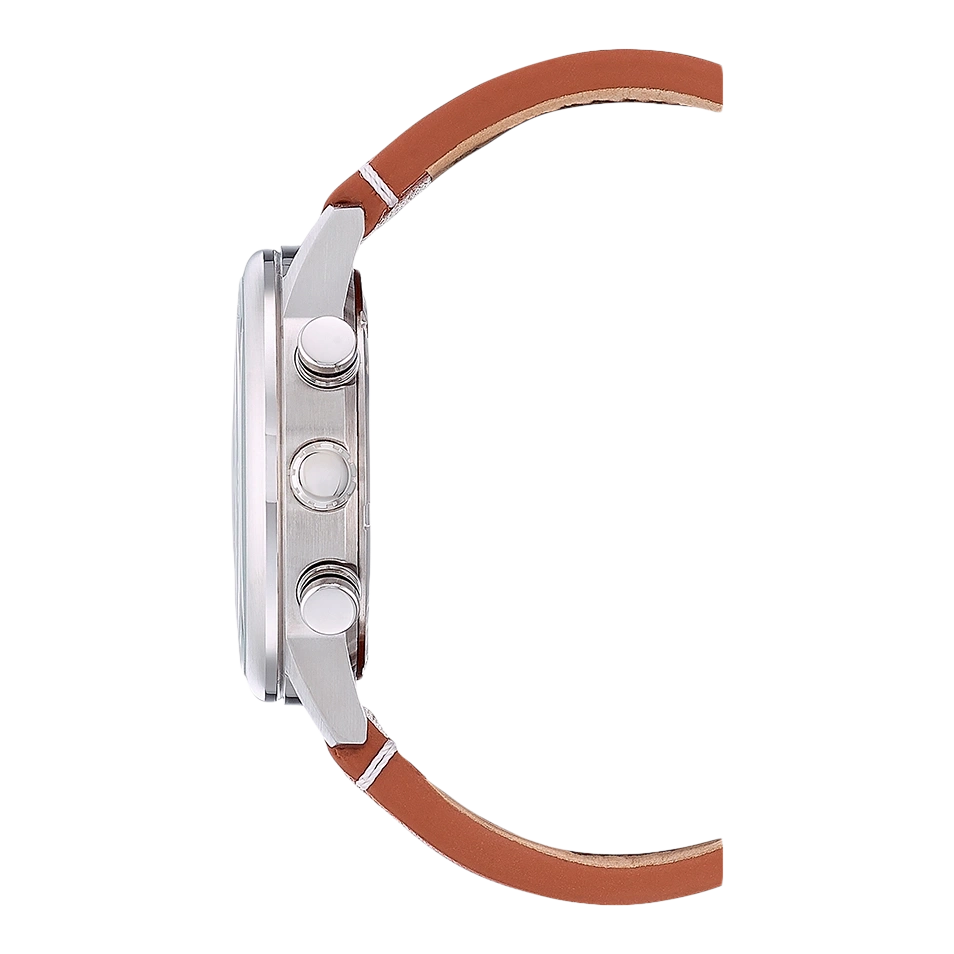 Side view of a silver watch with a brown leather strap.