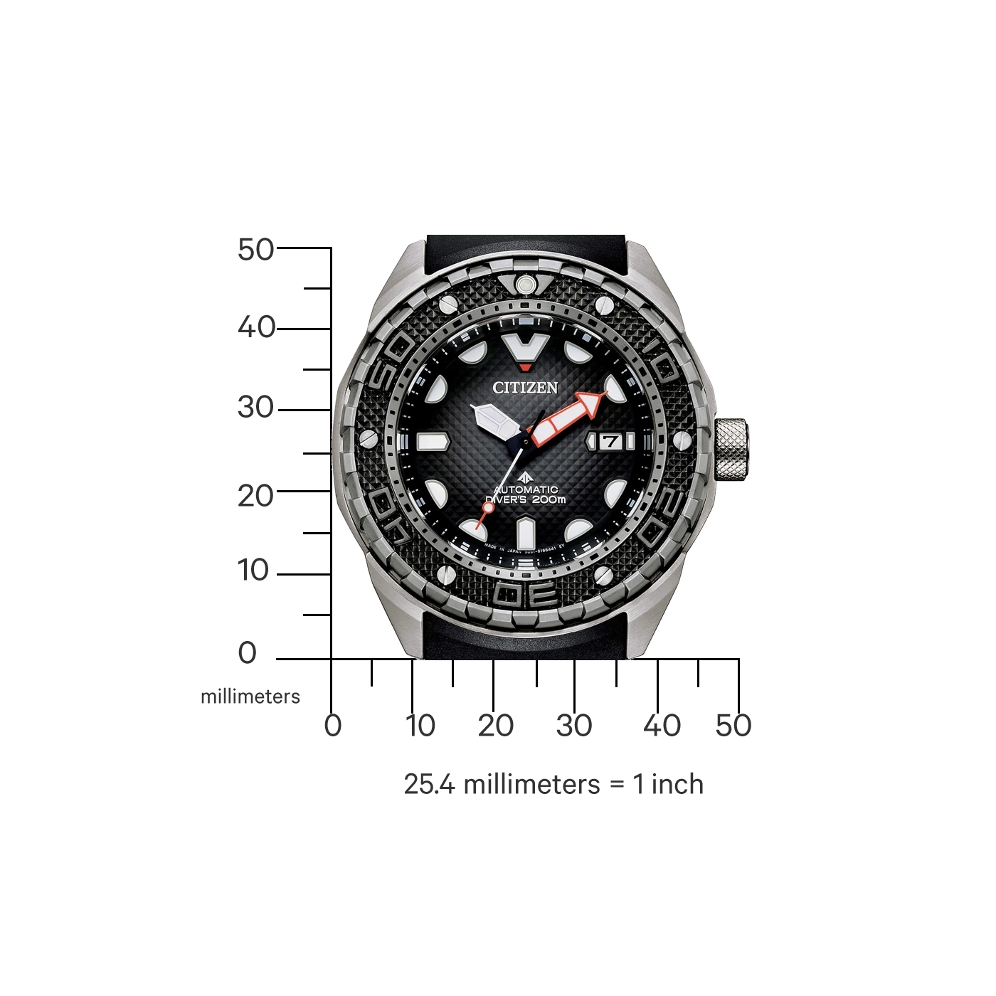 Citizen watch with black dial, automatic diver's 200m, and a scale in millimeters.