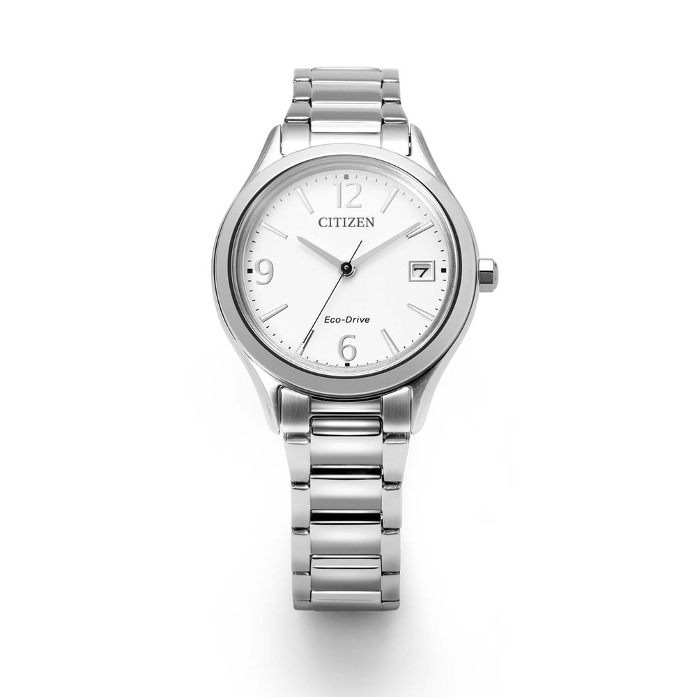 A silver Citizen Eco-Drive watch with a white face and date window.