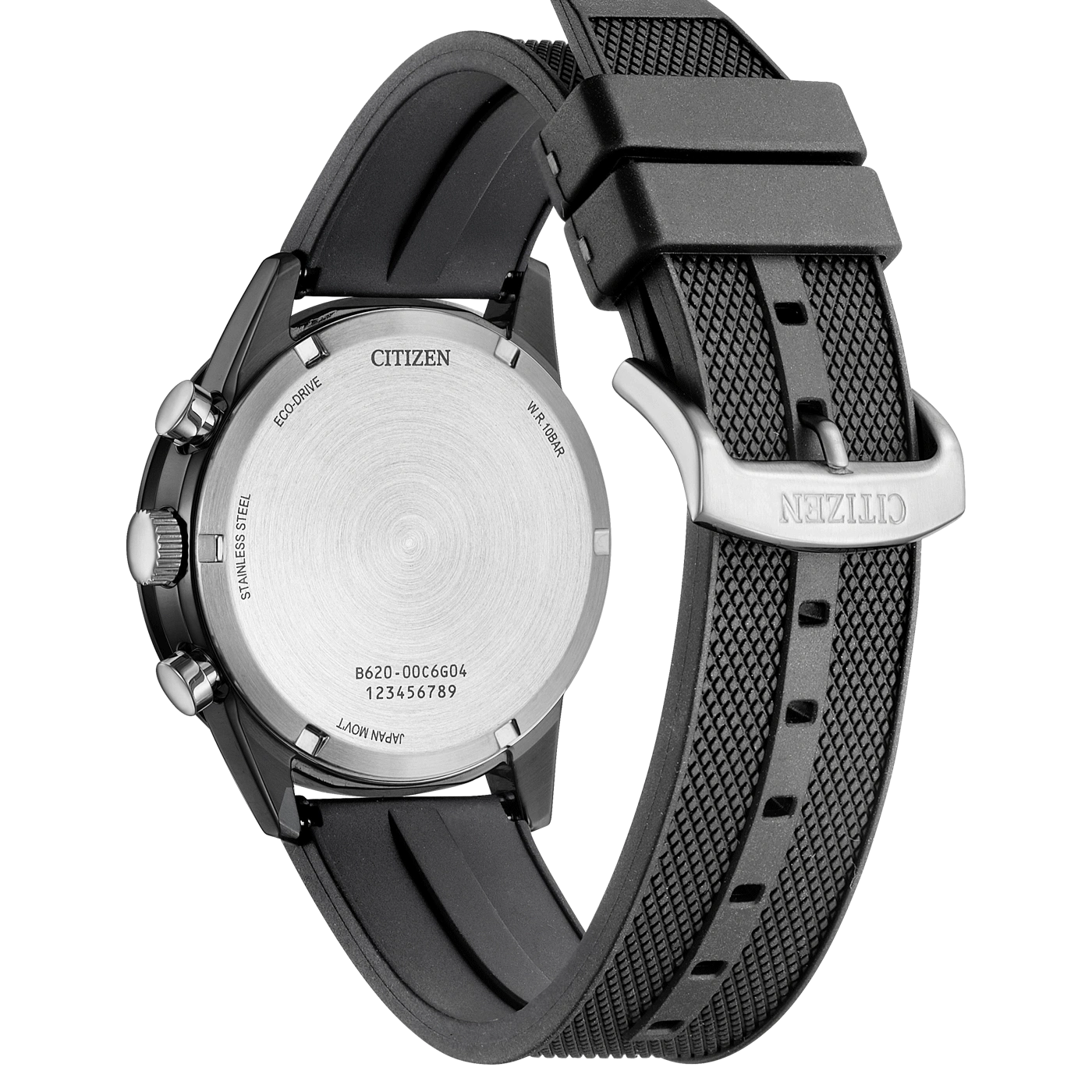 Citizen watch back, black strap, stainless steel, Eco-Drive, W.R. 10BAR, Japan Movt.