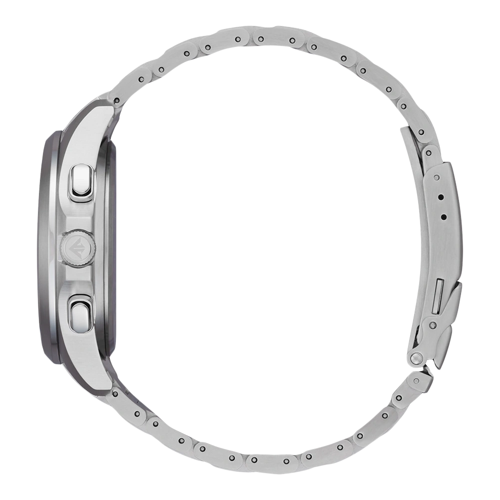 Silver watch with a metal strap, side view, isolated on white background.