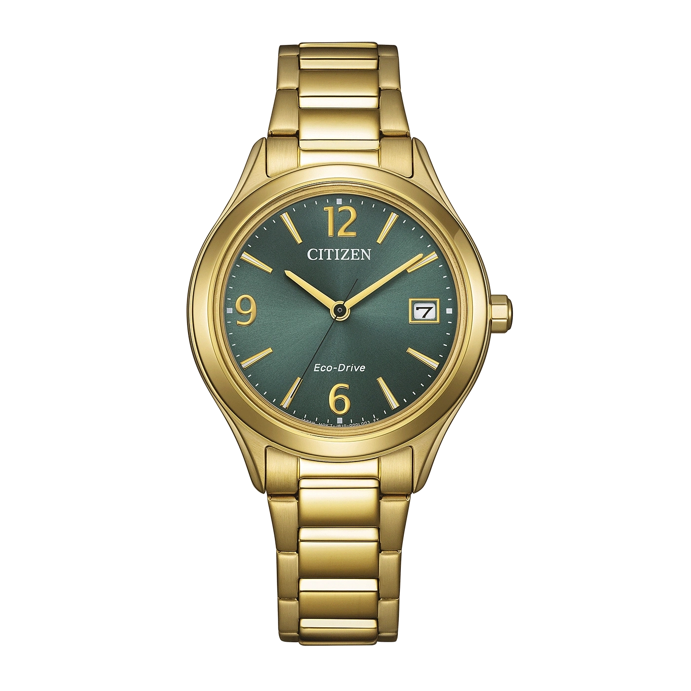 A gold Citizen Eco-Drive watch with a green dial.