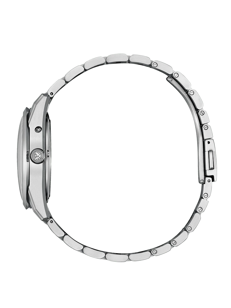 Side view of a silver wristwatch with a metal band on green background.