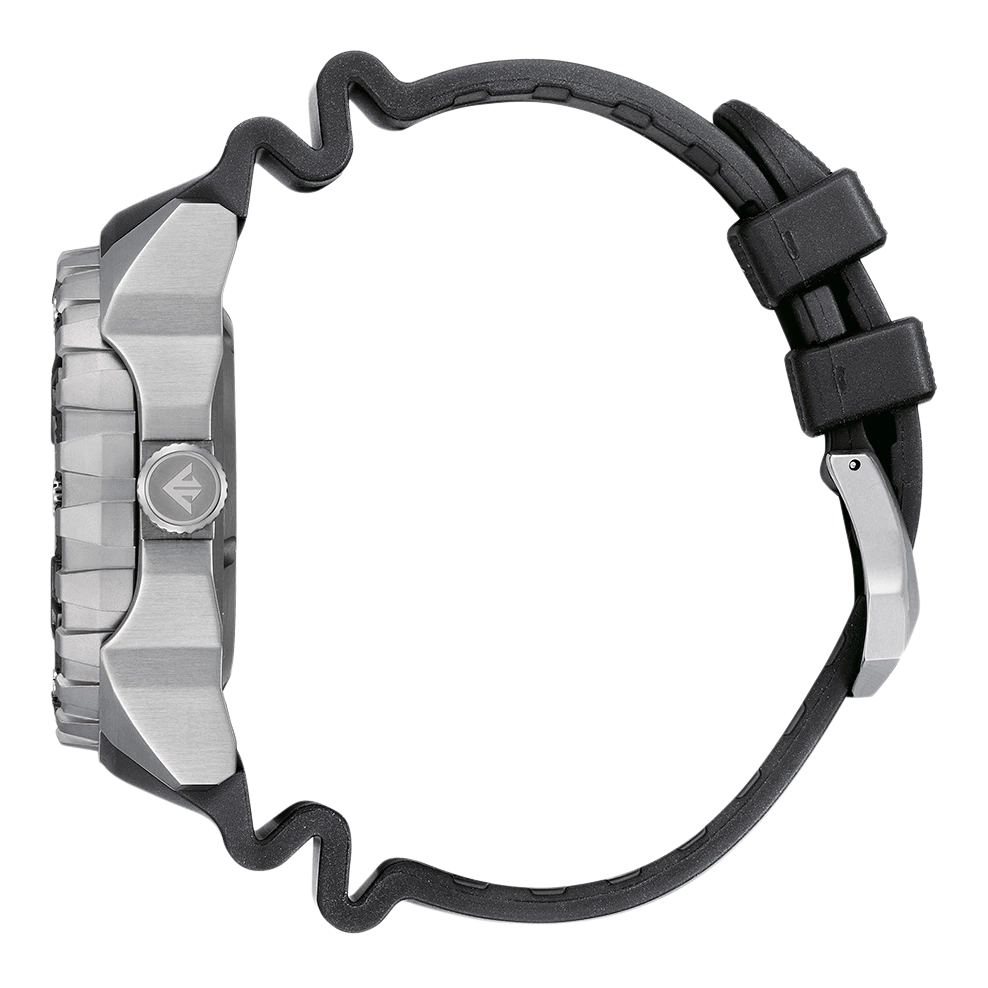 Side view of a silver watch with a black rubber strap.