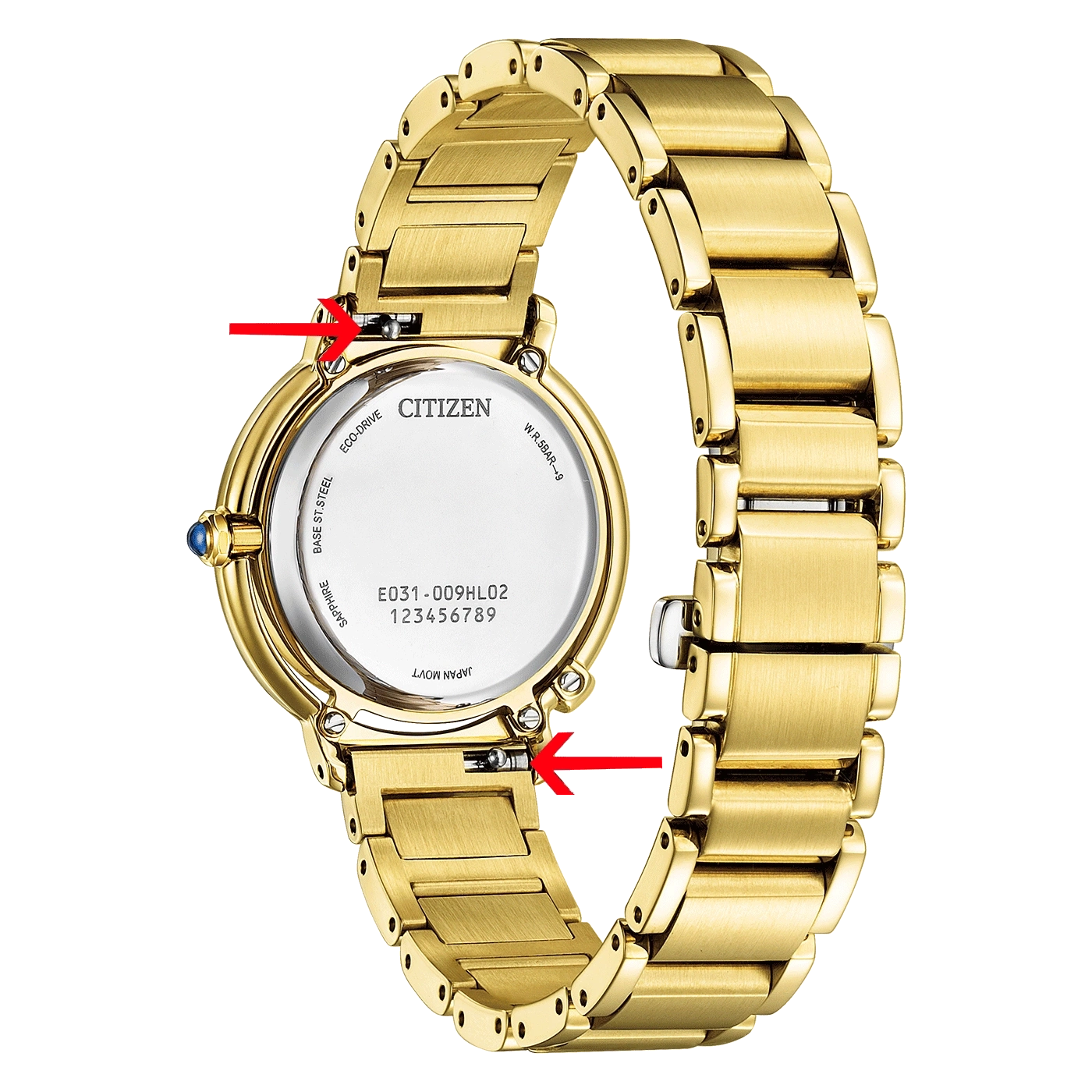 A gold Citizen watch with a visible watch band attachment mechanism on the back, indicated by red arrows.
