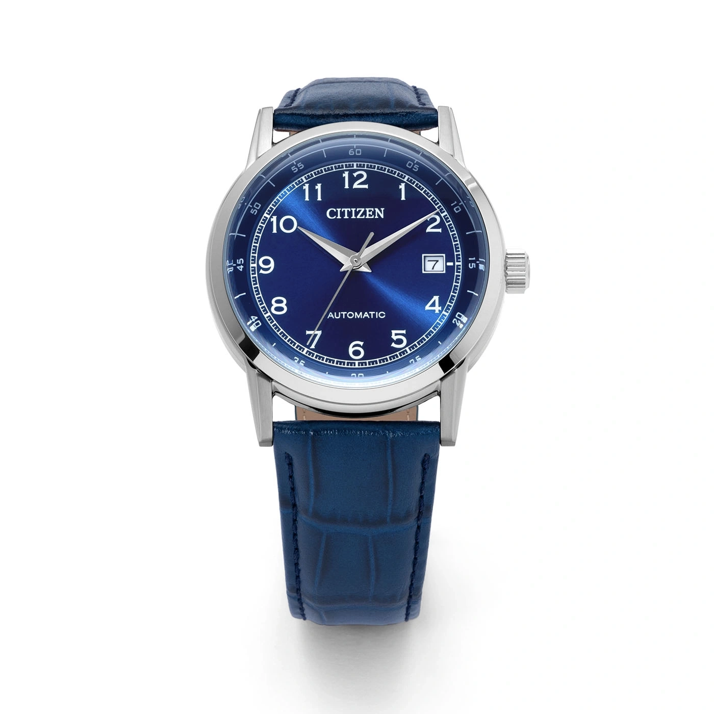 A blue Citizen automatic watch with a leather strap.