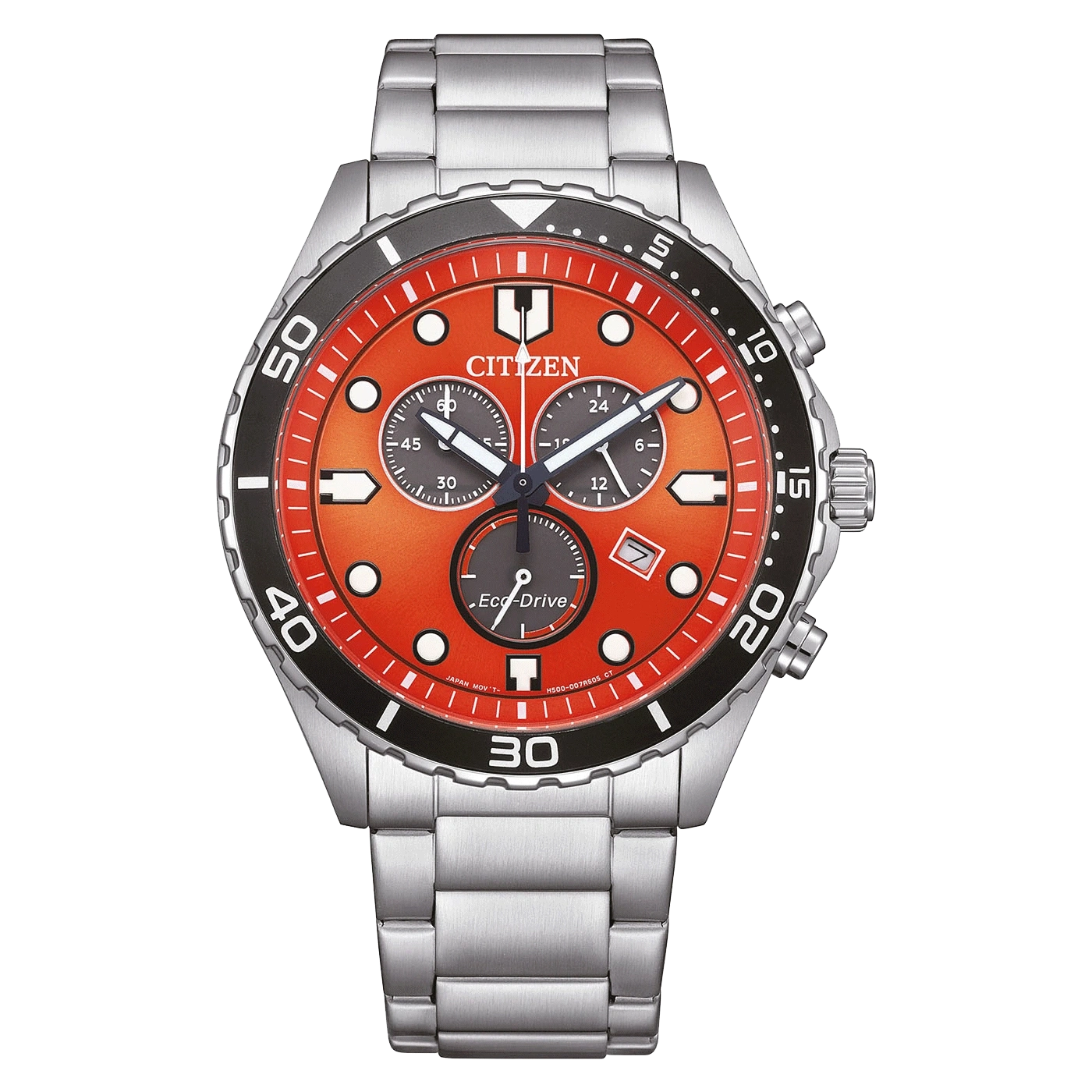 Citizen watch with orange dial, black bezel, and silver bracelet.