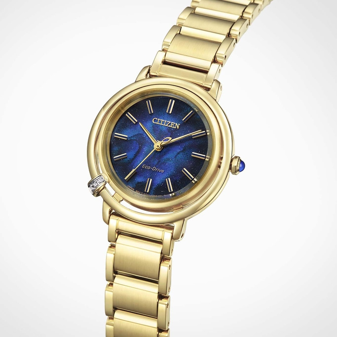 Gold Citizen watch with a blue face and a gold band.