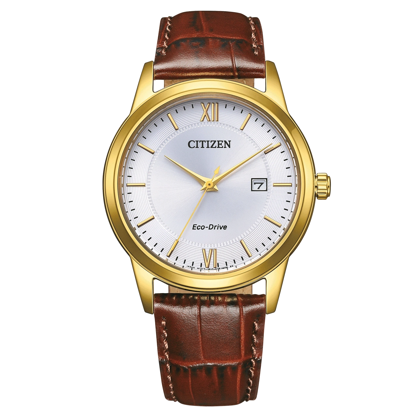 Citizen watch with gold case, white dial, and brown leather strap