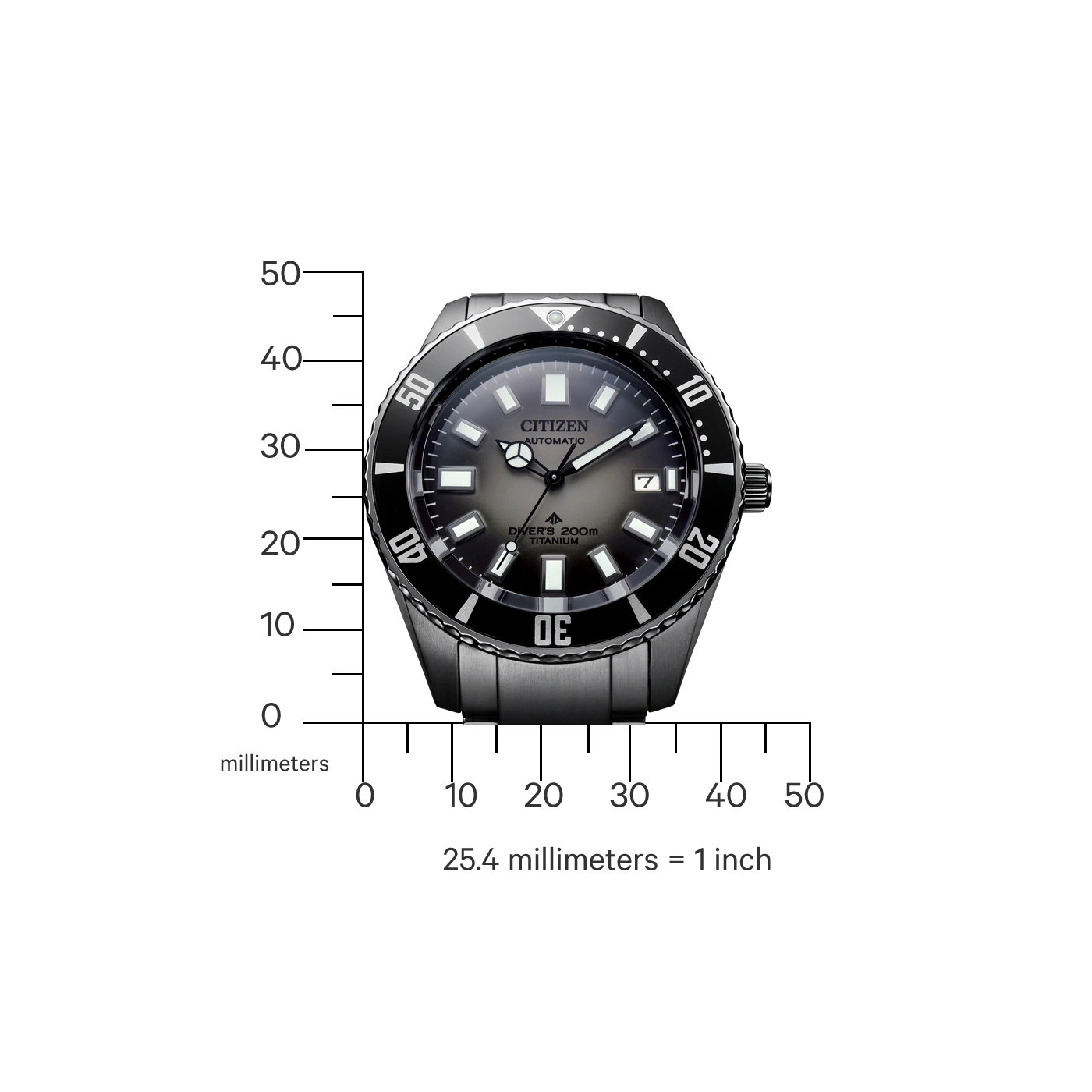 Citizen watch with black bezel and titanium case, measuring in millimeters.