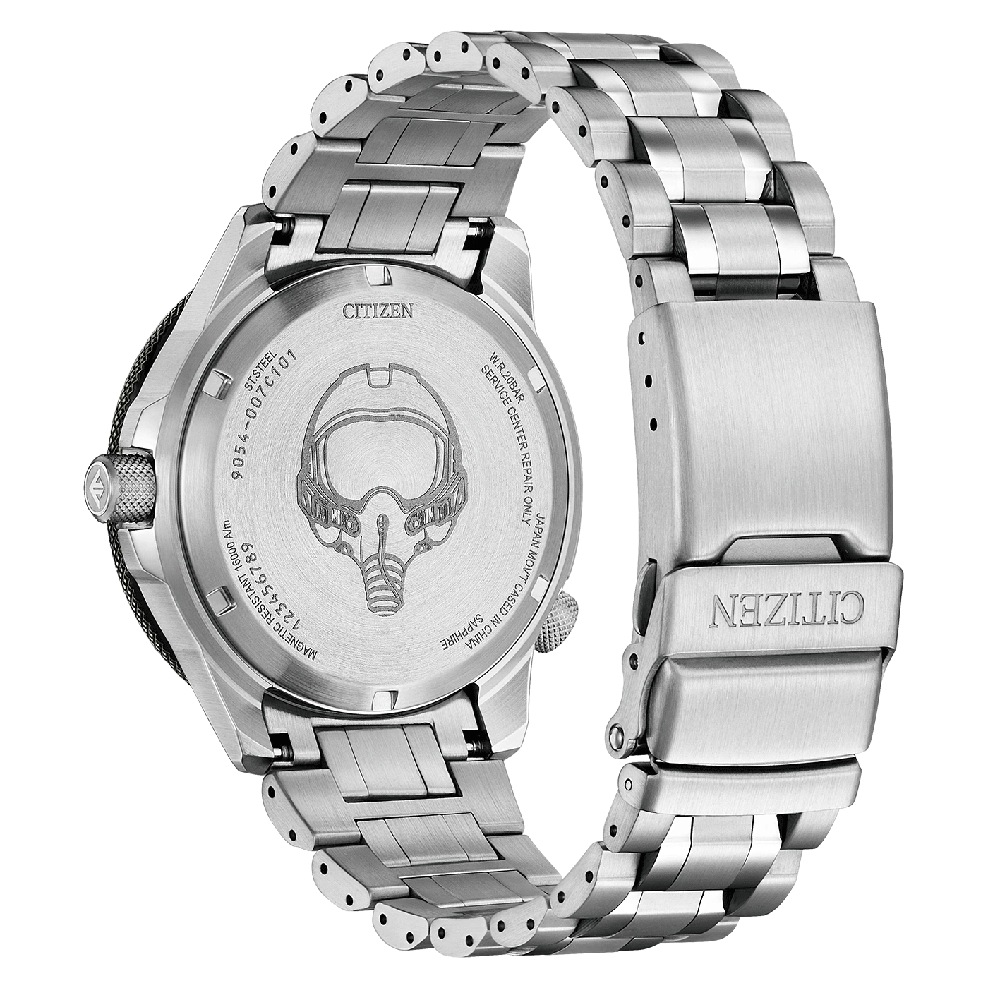 Citizen watch back with details: steel, markings, and clasp.