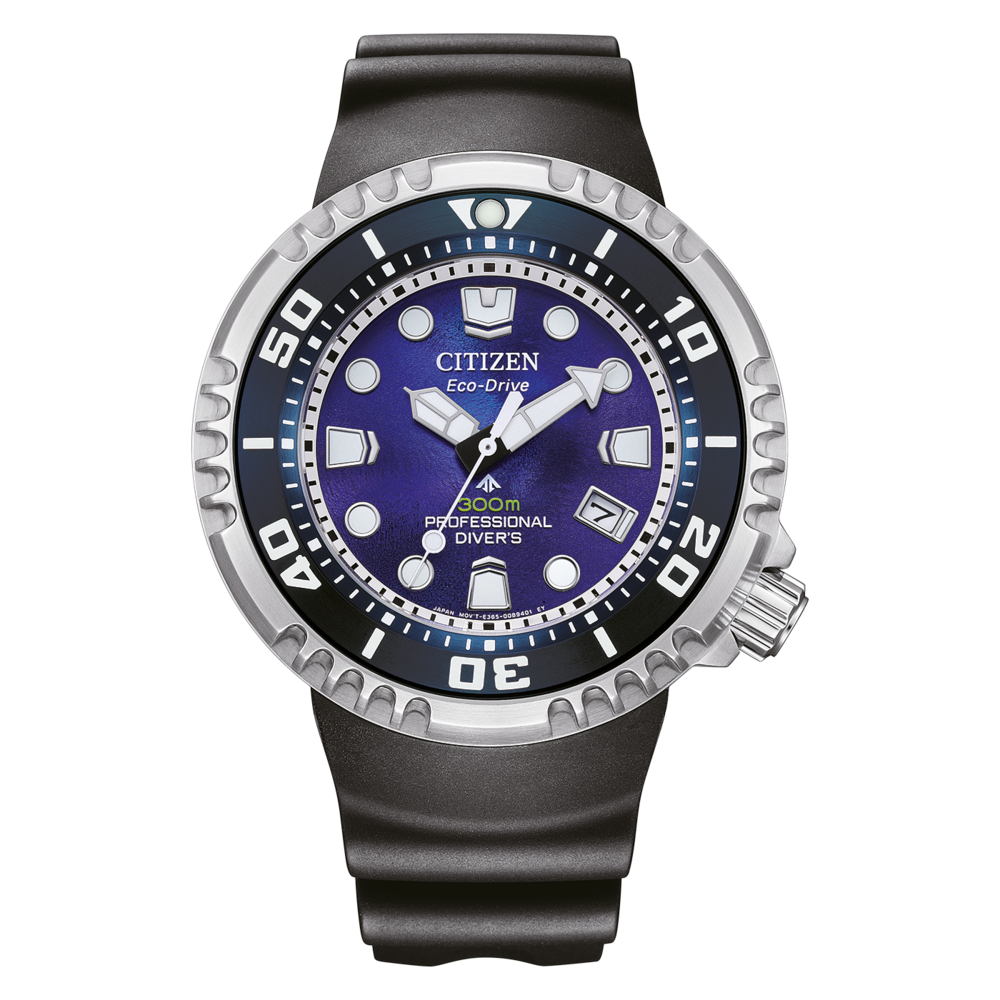 Citizen Eco-Drive watch with blue face and black strap, professional diver's watch
