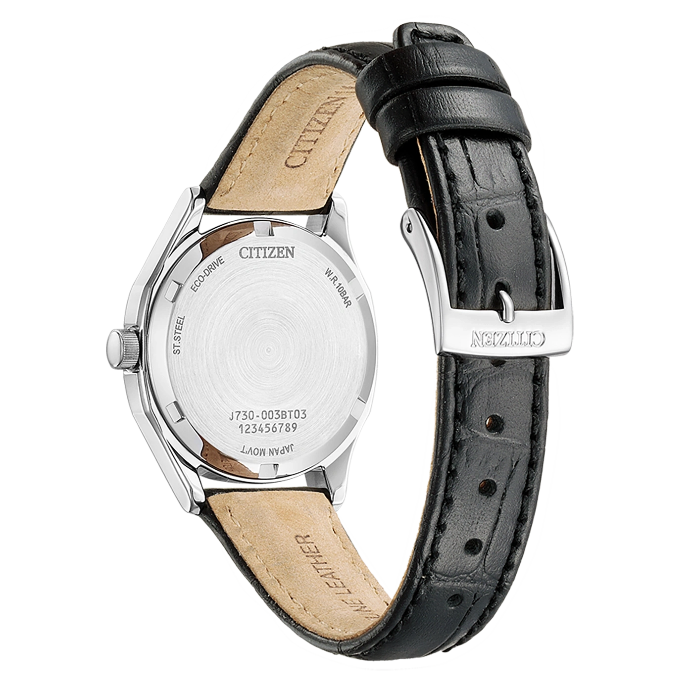 Citizen watch back with leather strap, Eco-Drive, stainless steel, W.R.10bar