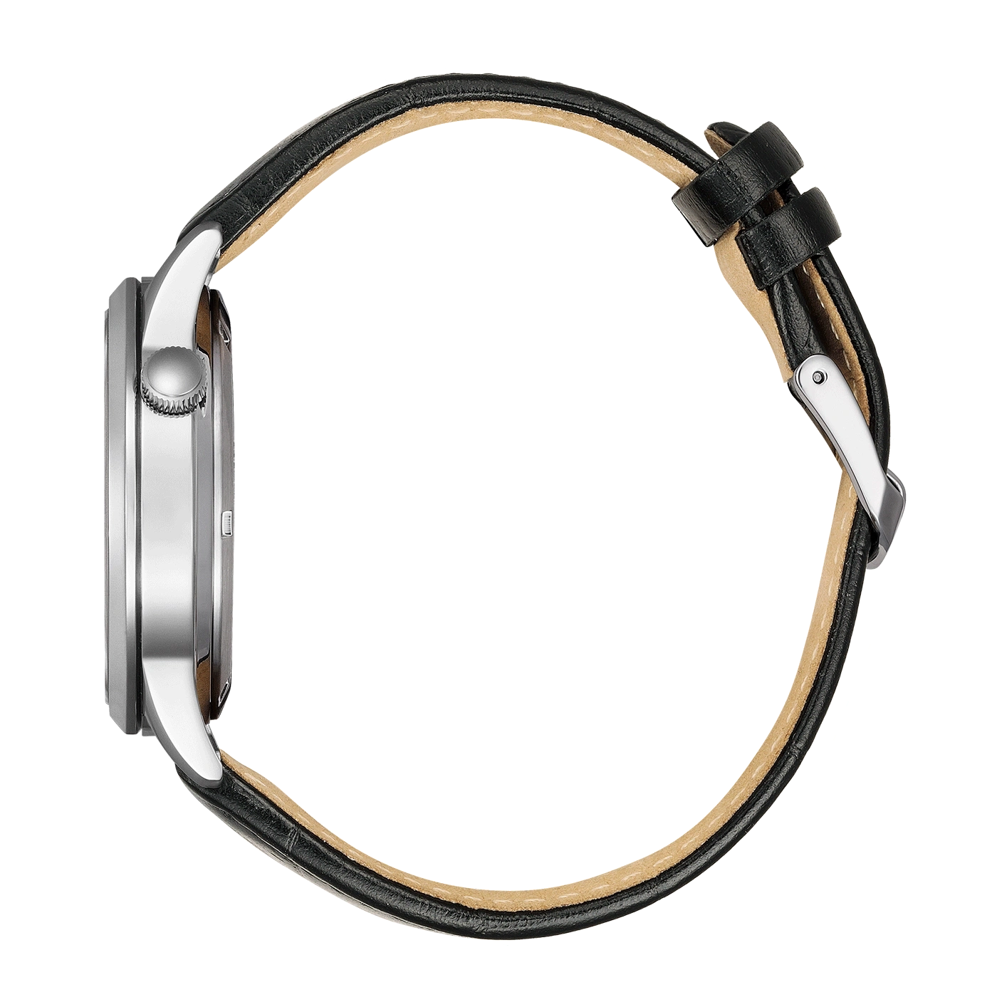 Side view of a silver watch with a black leather strap.