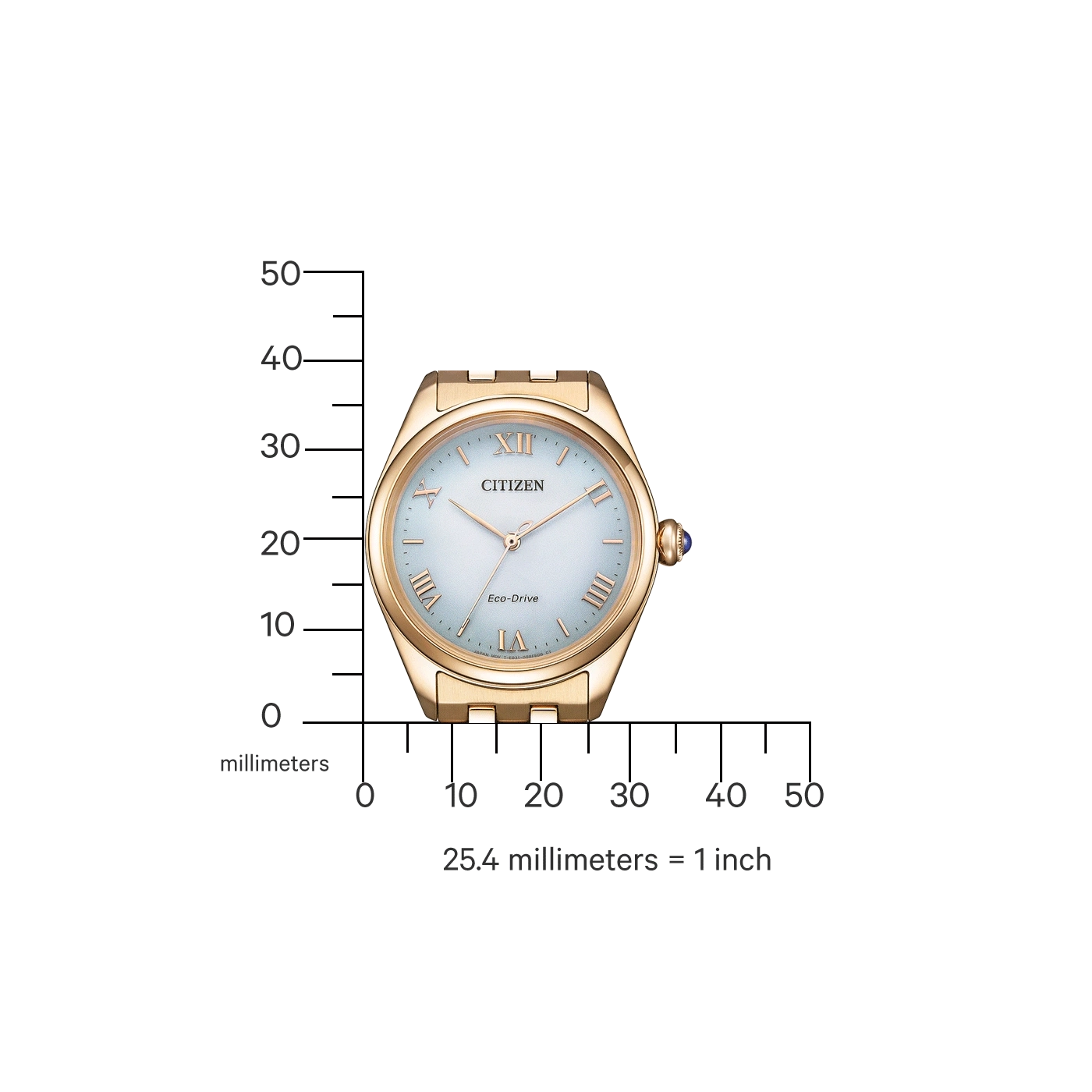 Citizen watch with gold band, light blue face, and Roman numerals, with a millimeter scale.