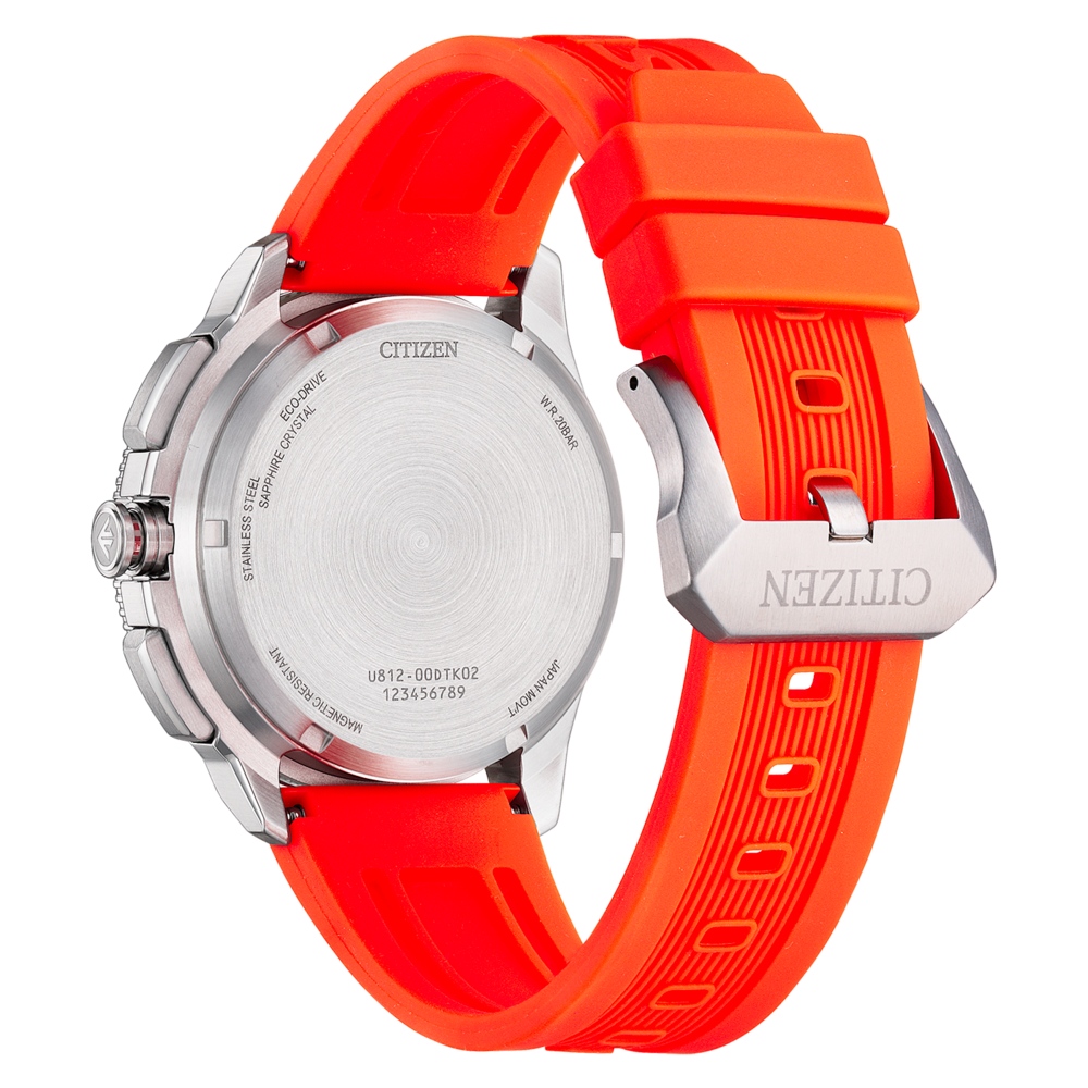 Back view of a Citizen Eco-Drive watch with an orange strap and silver case.