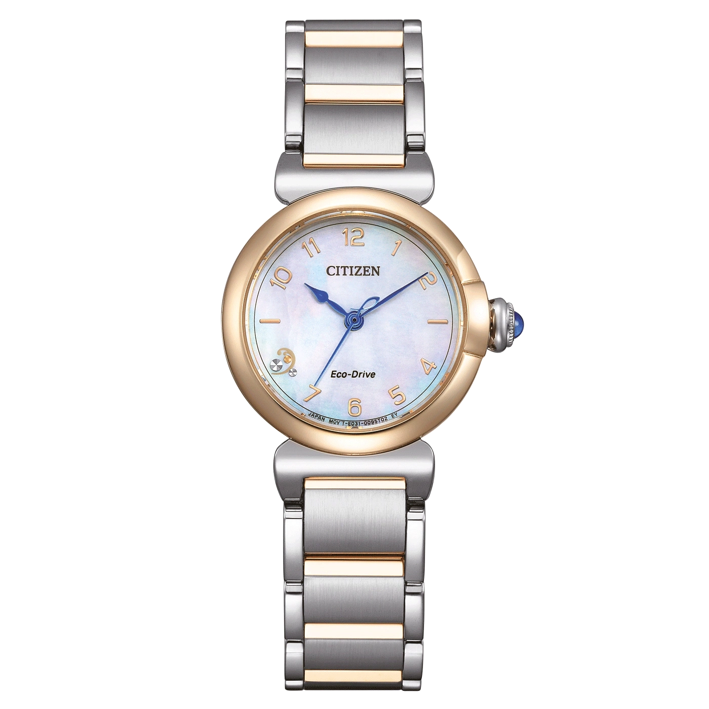 Citizen Eco-Drive watch with gold and silver bracelet, blue hands, and pearl dial.
