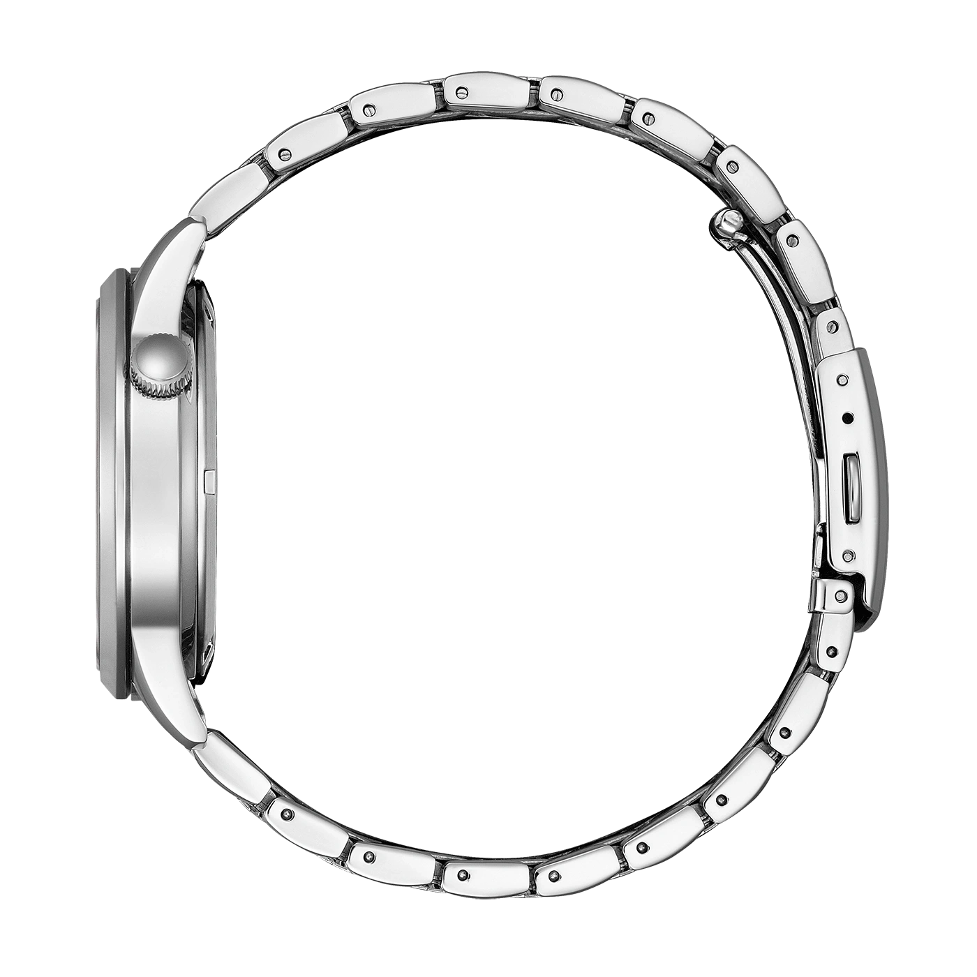 Side view of a silver wristwatch with a metal band, elegant design.