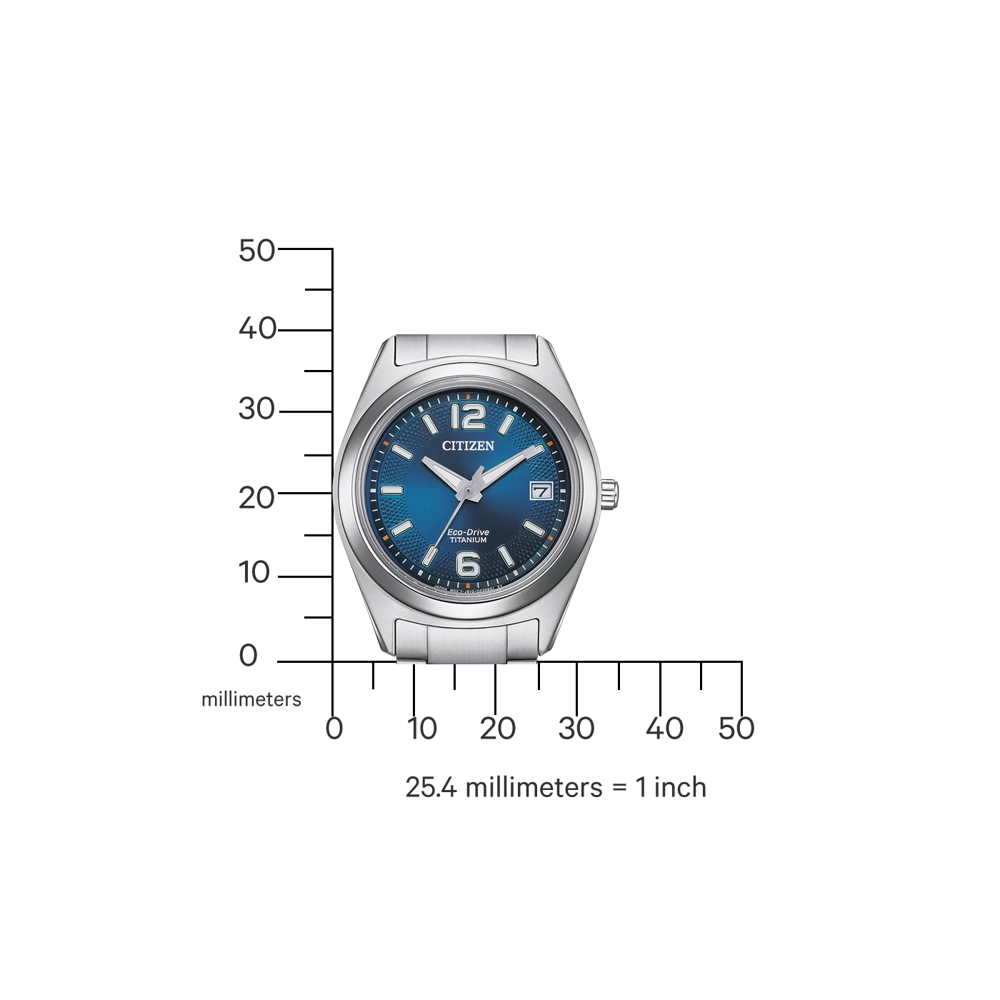 Citizen watch with blue face, titanium, Eco-Drive, and a millimeter scale.