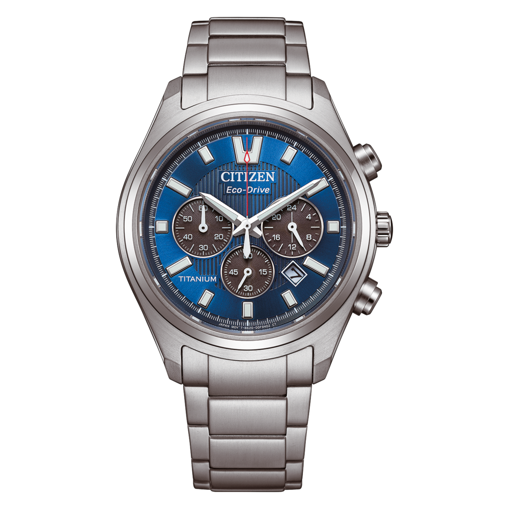 A close-up of a silver Citizen Eco-Drive titanium chronograph watch with a blue dial.