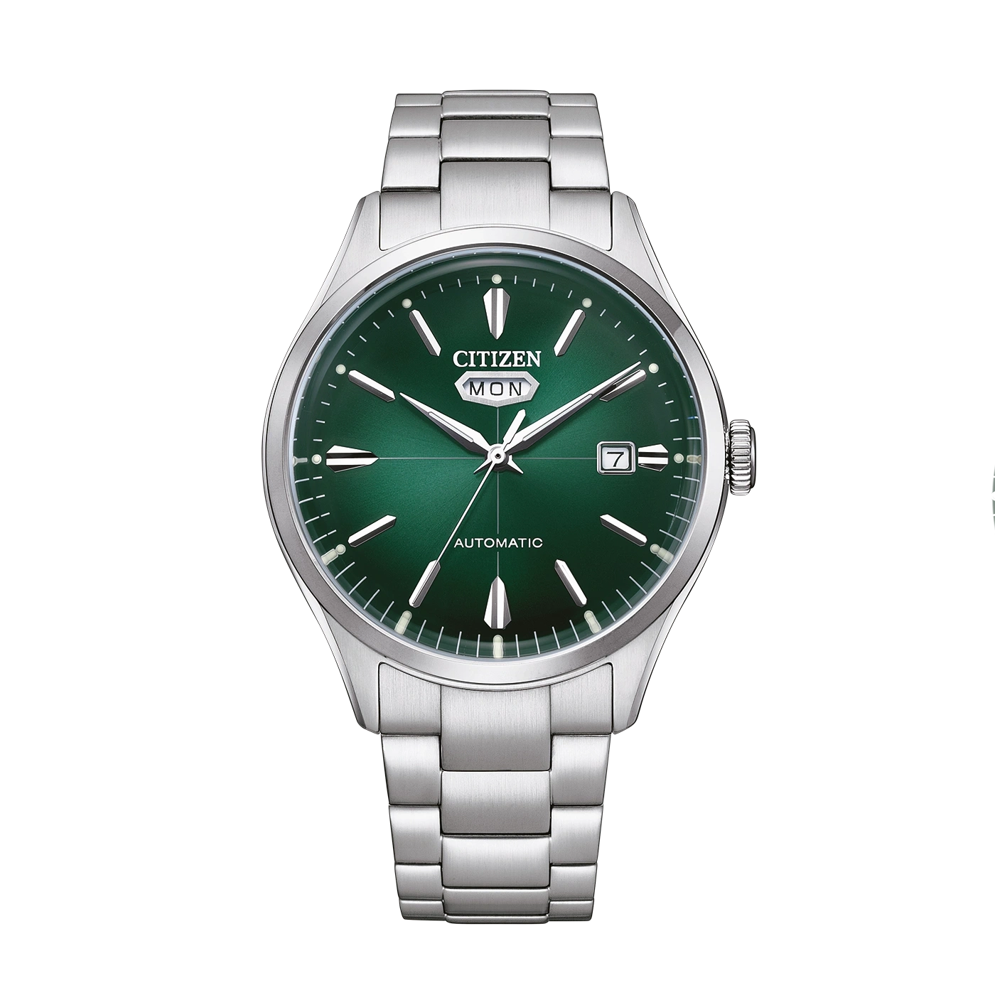 A green citizen automatic watch with a silver band and day-date.