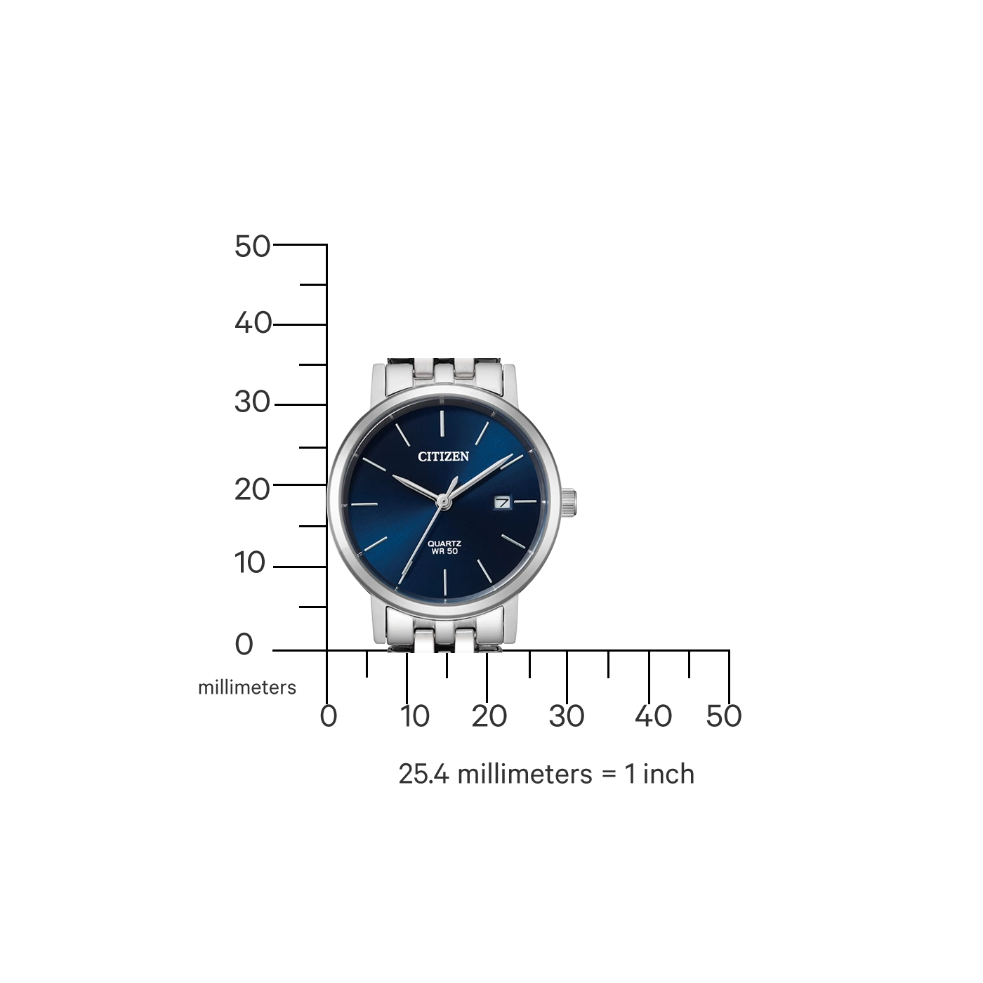 Citizen watch with blue dial and silver strap, measuring scale in millimeters.