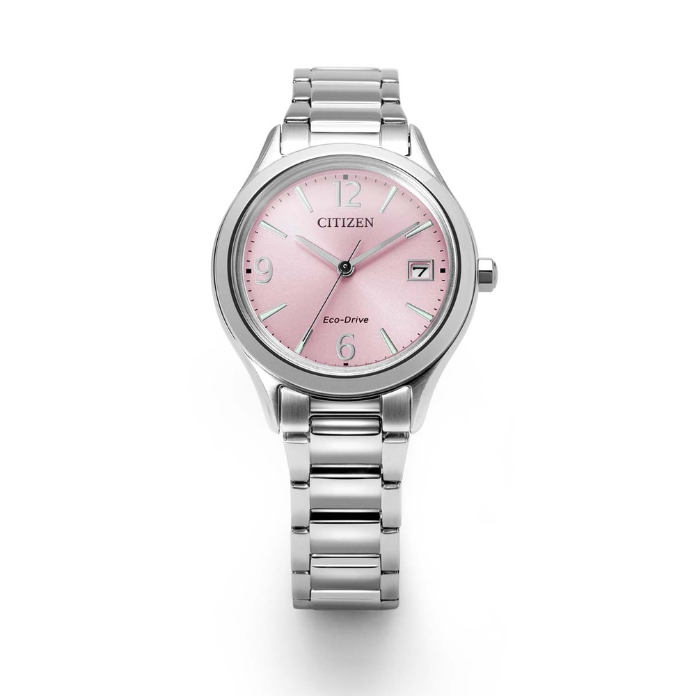 A silver Citizen Eco-Drive watch with a pink dial and silver band.