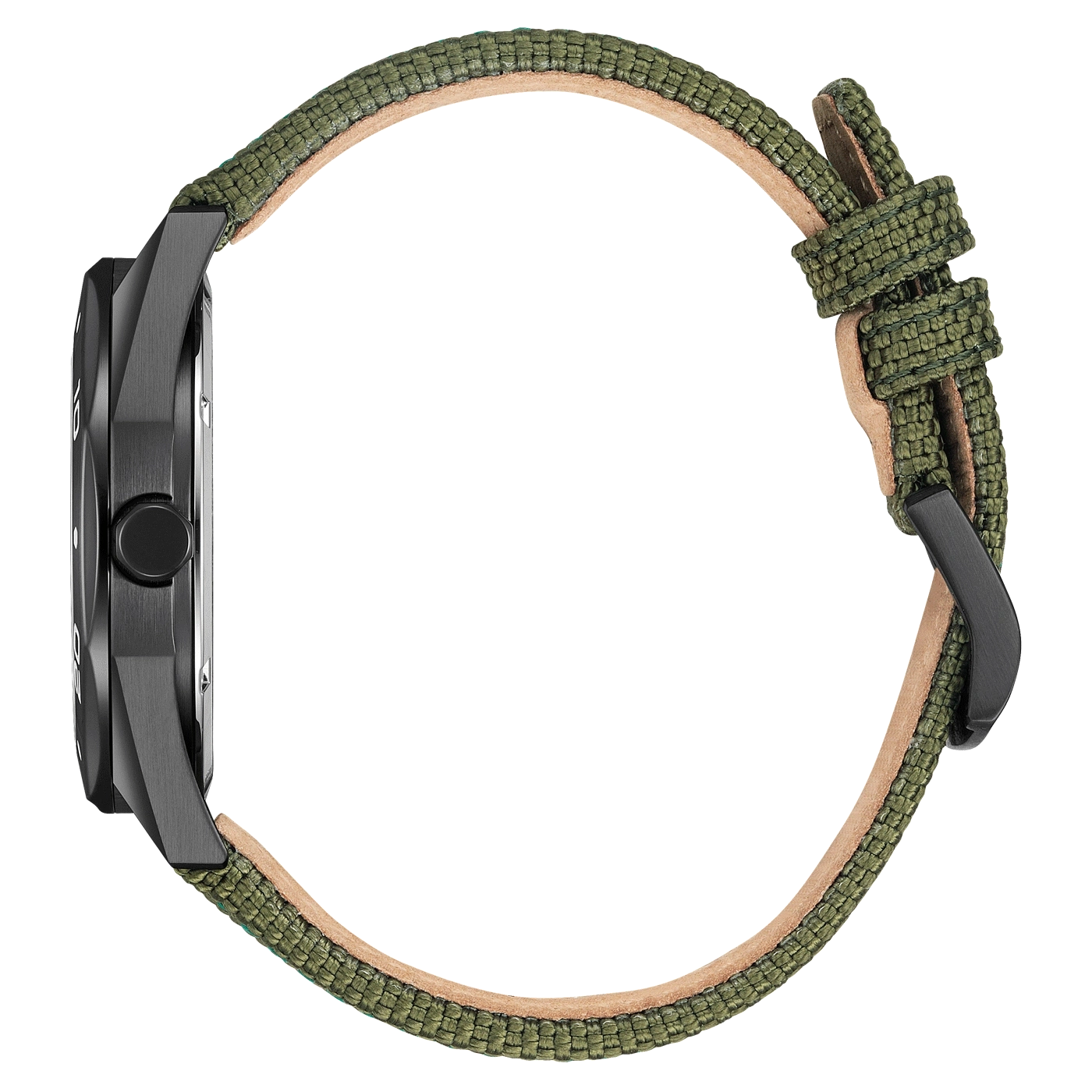 Side view of a black watch with a green fabric strap.