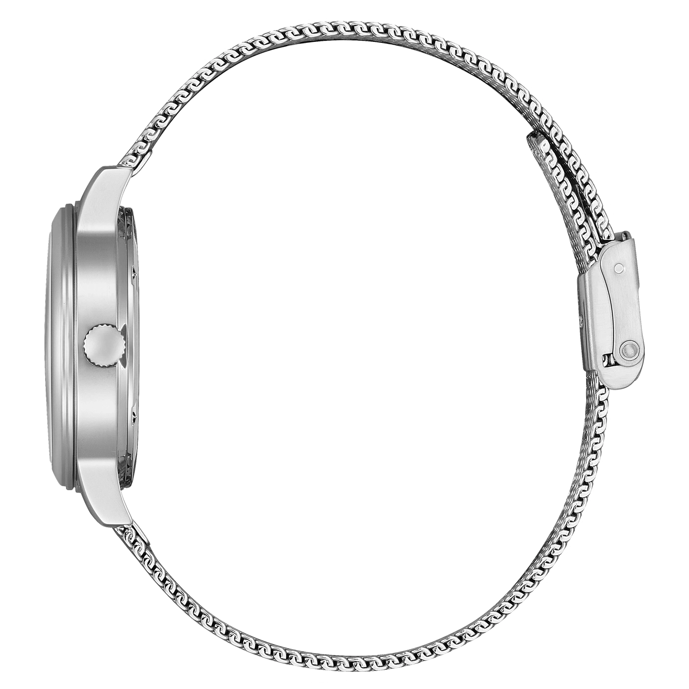 Silver watch with a mesh strap, side view, elegant design, modern style