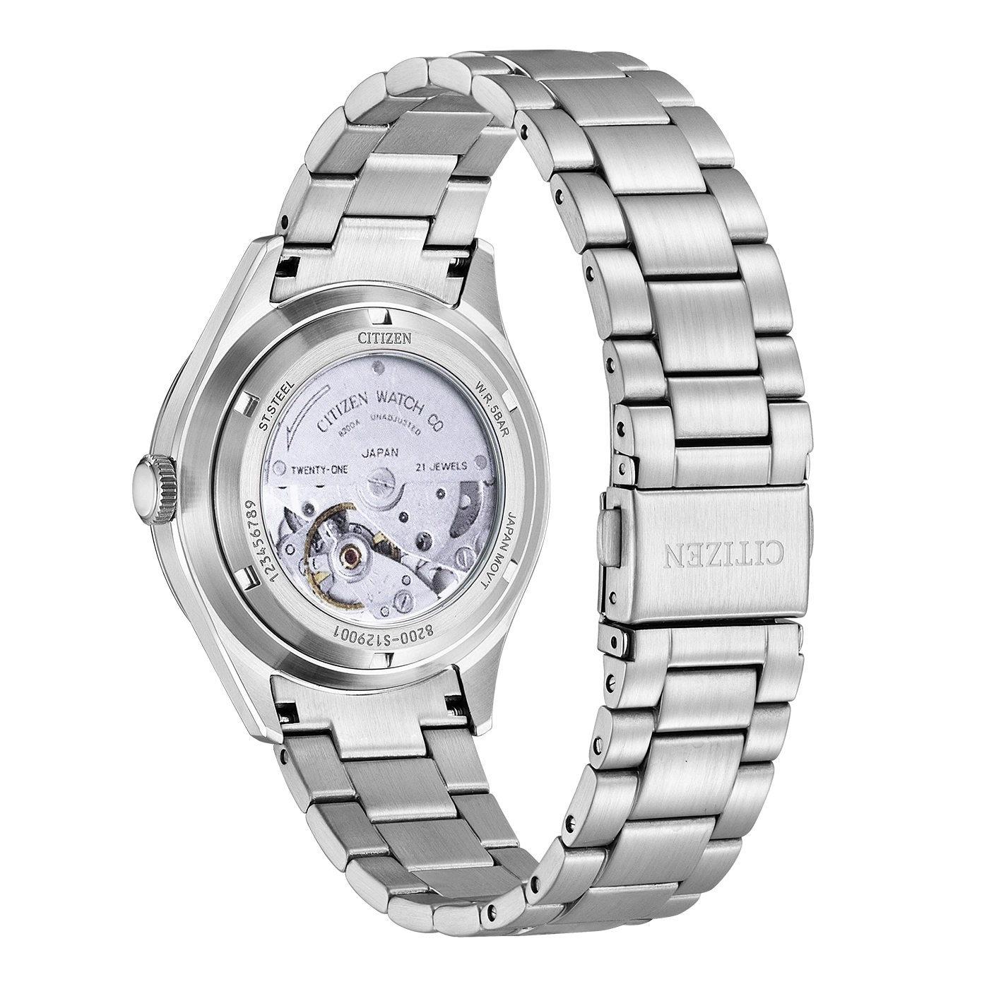 Citizen watch back with visible movement and stainless steel band