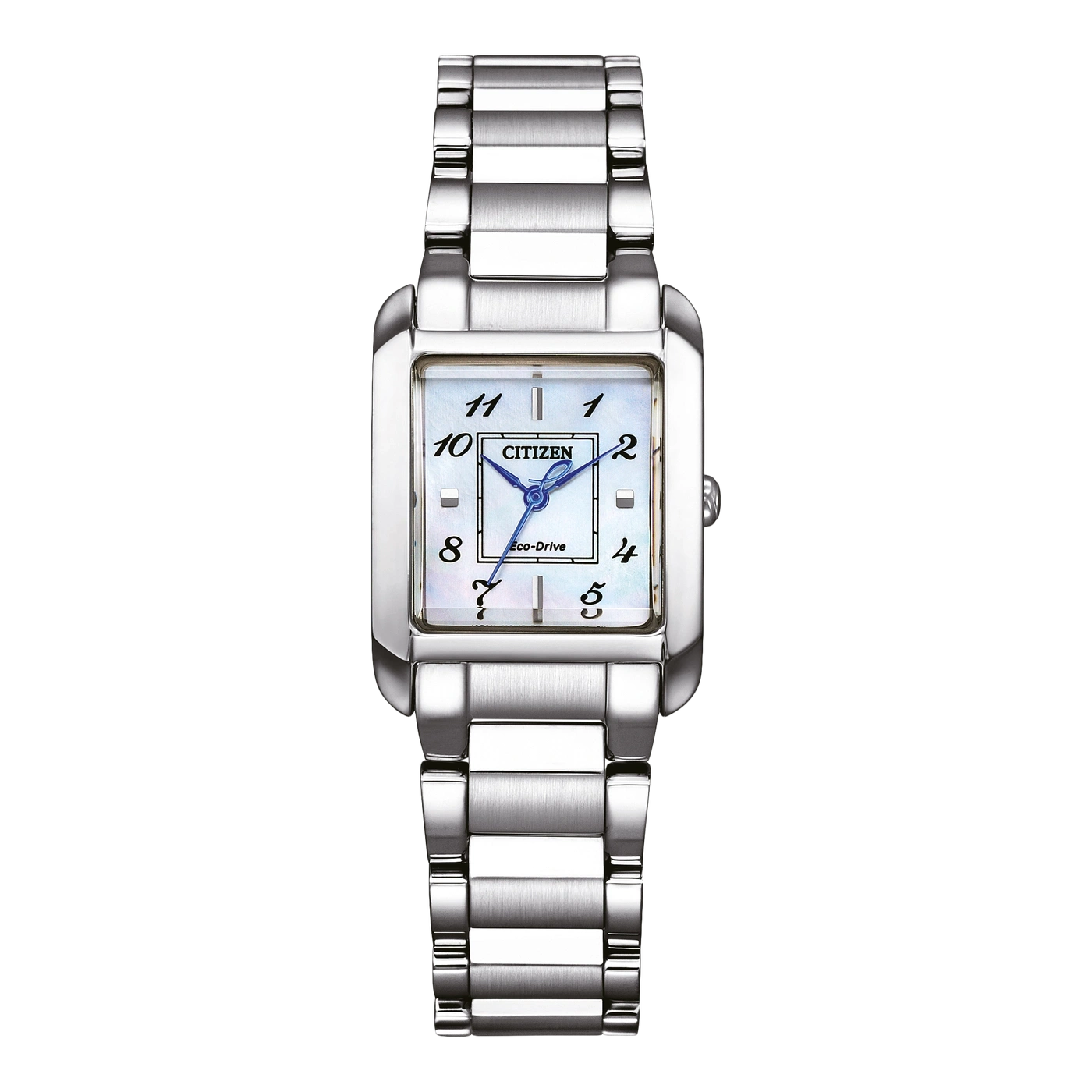 Citizen watch with a rectangular face and silver band, Eco-Drive technology.
