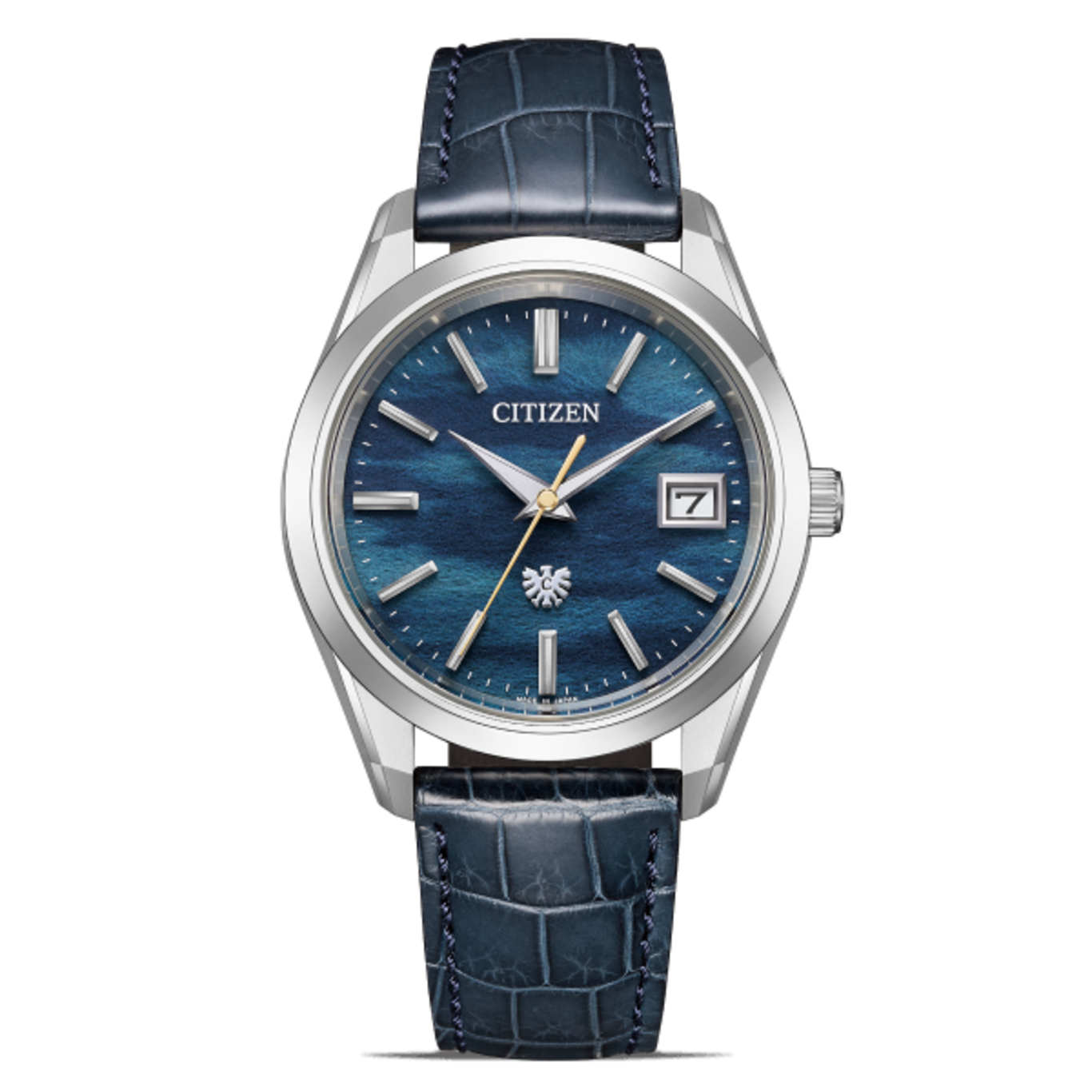 Citizen-Uhr mit blauem Zifferblatt und Lederarmband, Datumsanzeige