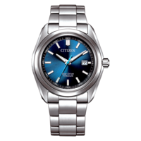 A Citizen Eco-Drive Titanium watch with a blue dial.