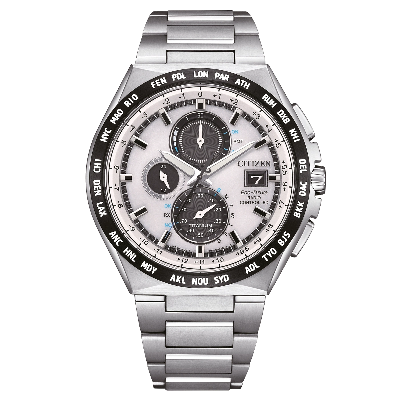 Citizen watch with silver band, black bezel, and multiple dials for time zones.