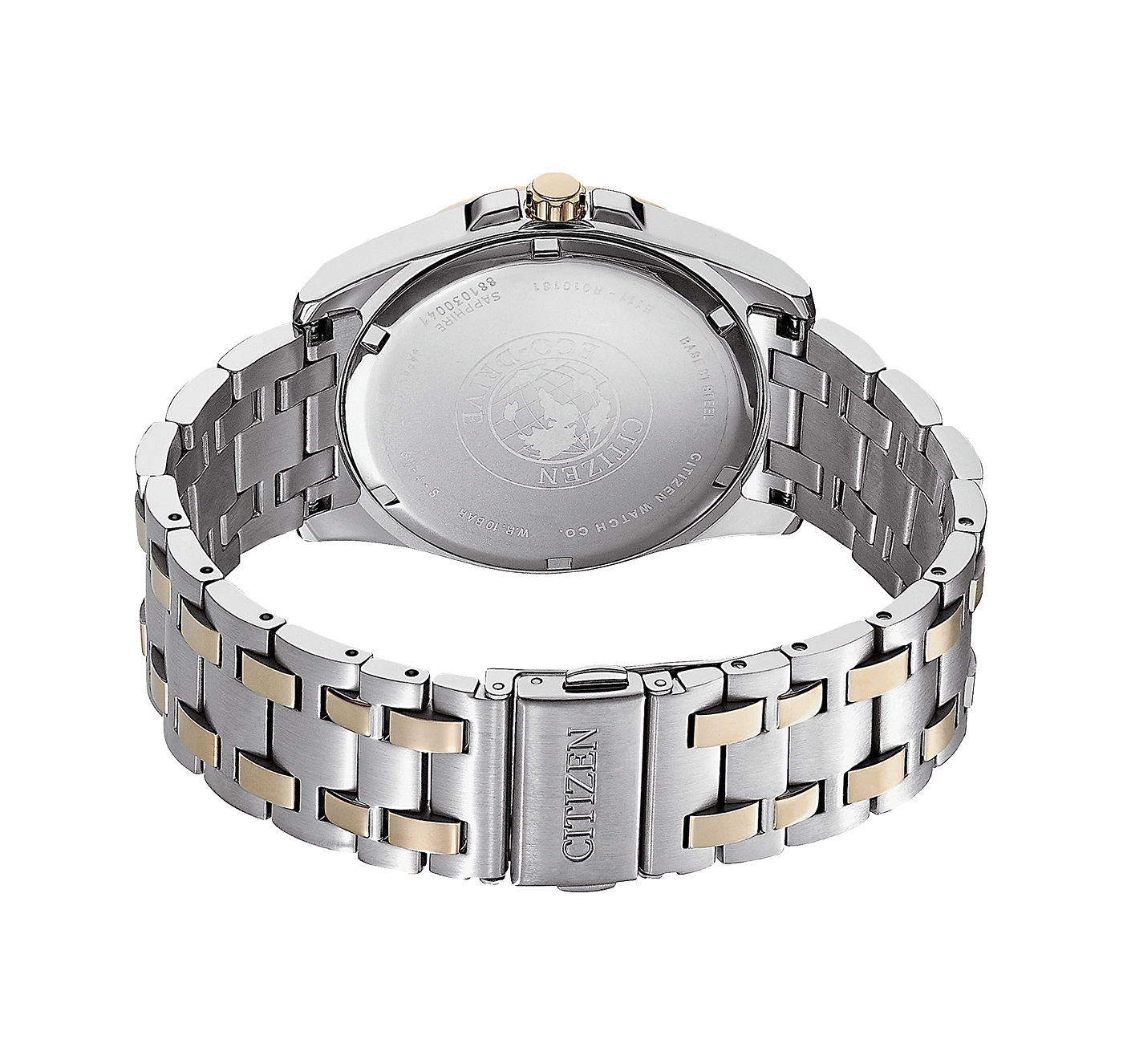 Citizen watch back with silver and gold bracelet, Eco-Drive, sapphire glass