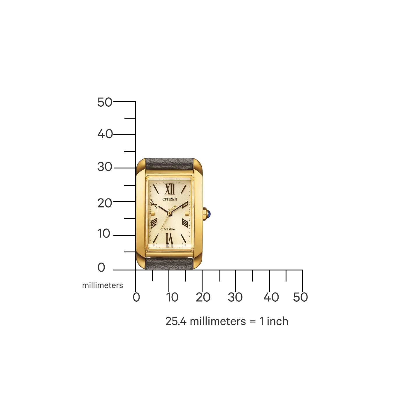 Gold Citizen watch with black strap, measuring scale, and text in millimeters and inches.