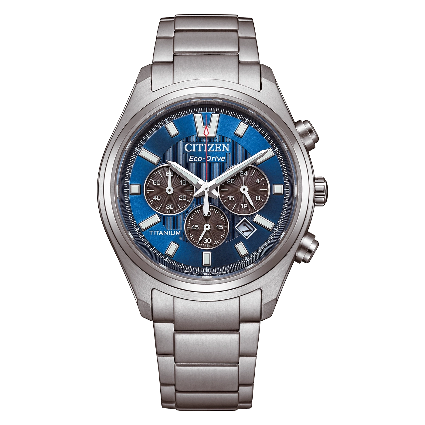 A close-up of a silver Citizen Eco-Drive titanium chronograph watch with a blue dial.