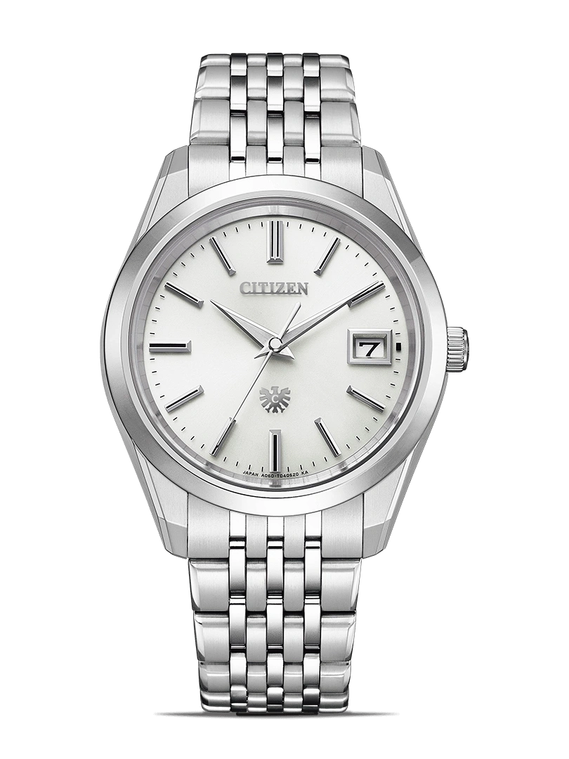 Citizen watch with silver band and white face, date display.