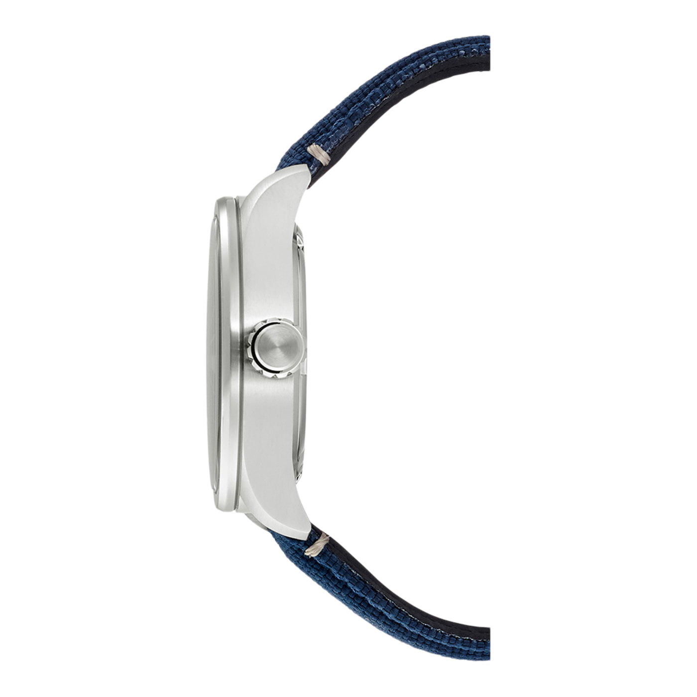 Side view of a silver watch with a blue fabric strap.
