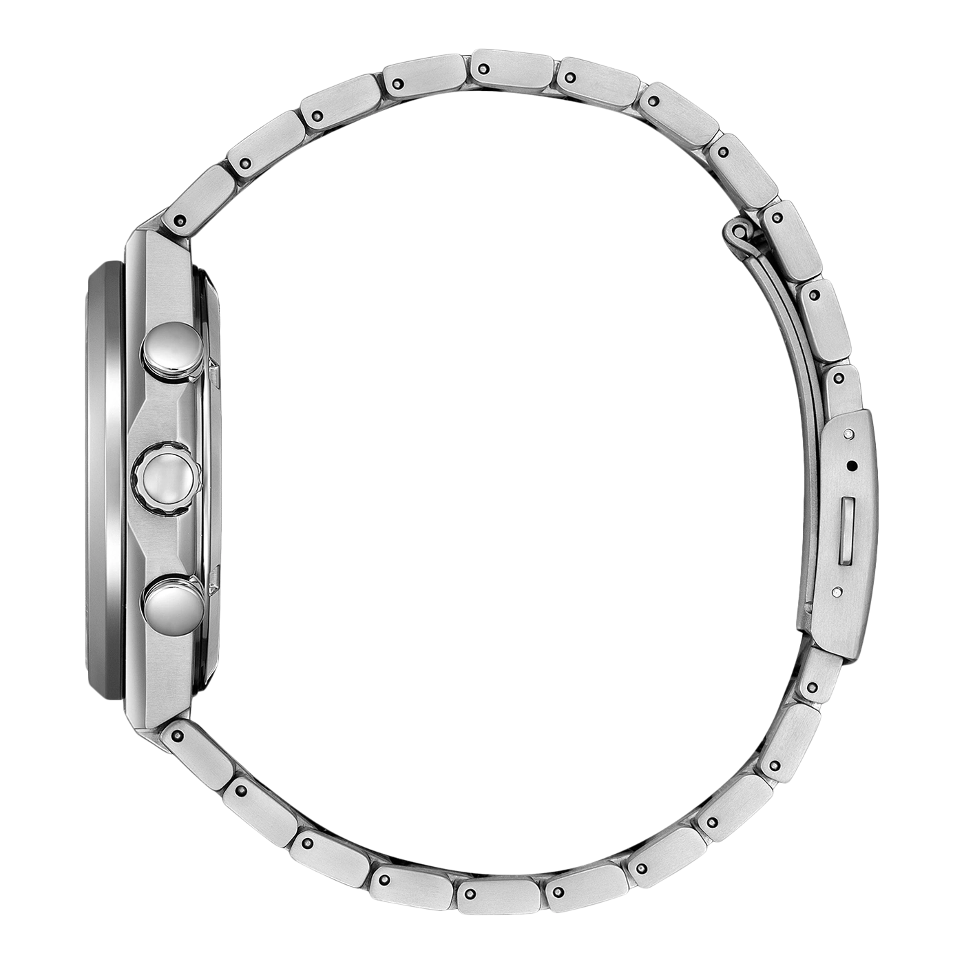 Silver watch with a metal strap, side view, close-up, elegant design, modern style