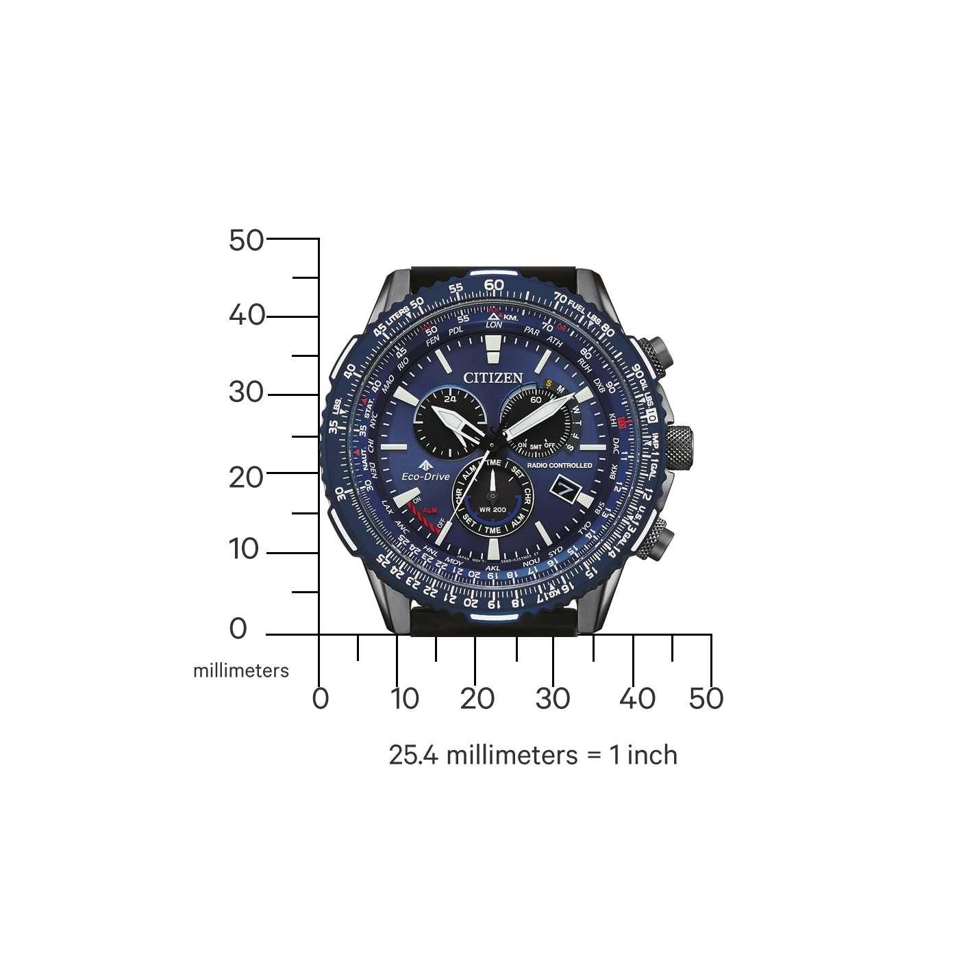 Citizen watch with blue dial, showing time and measurements in millimeters and inches.