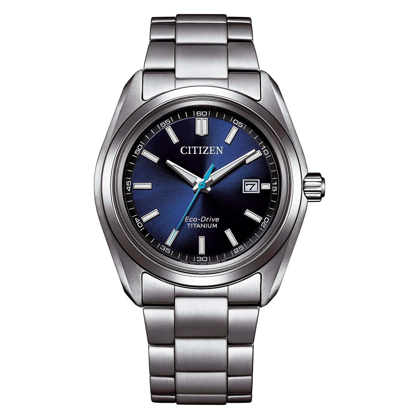 A silver Citizen Eco-Drive titanium watch with a blue dial.