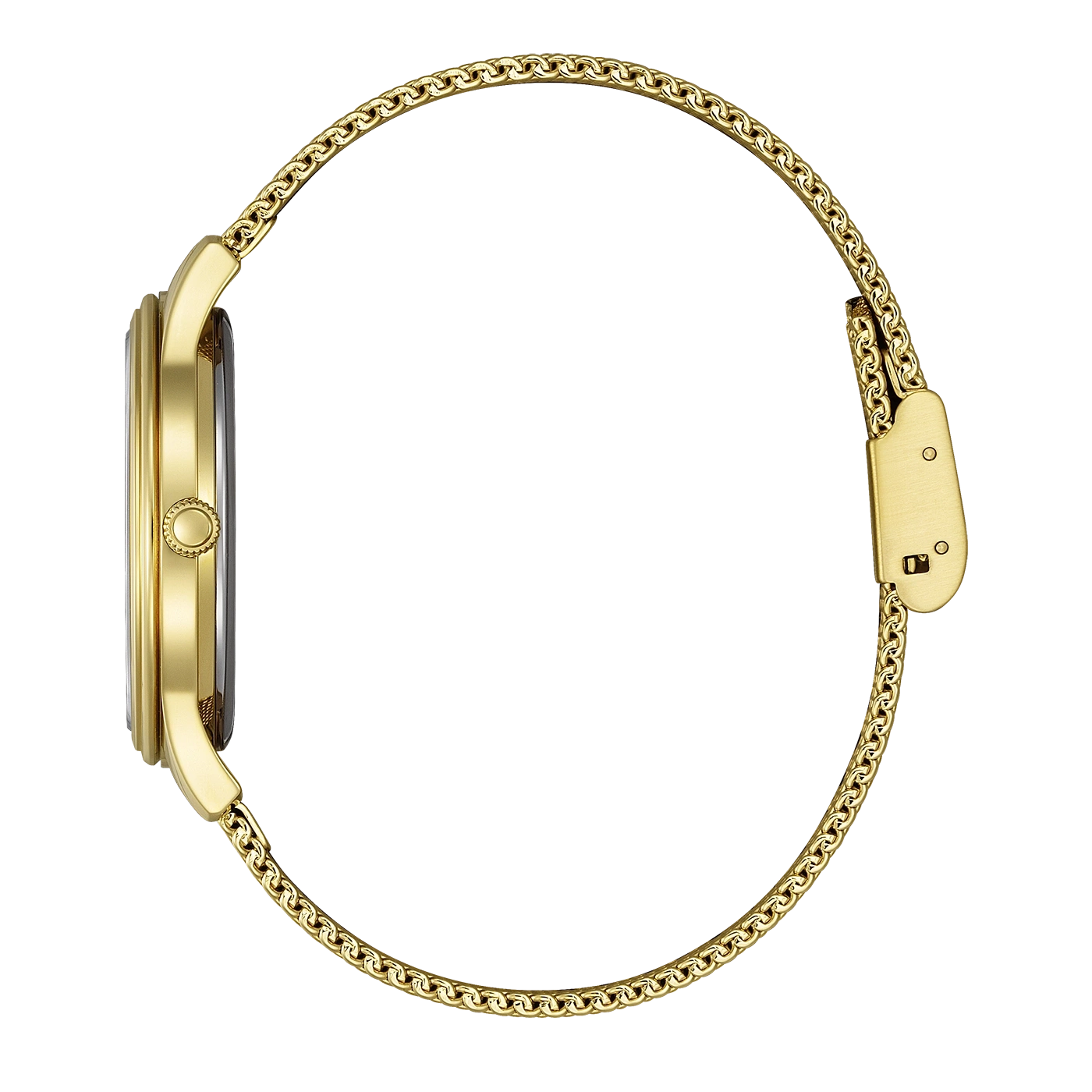 A gold watch with a mesh band is shown from the side.
