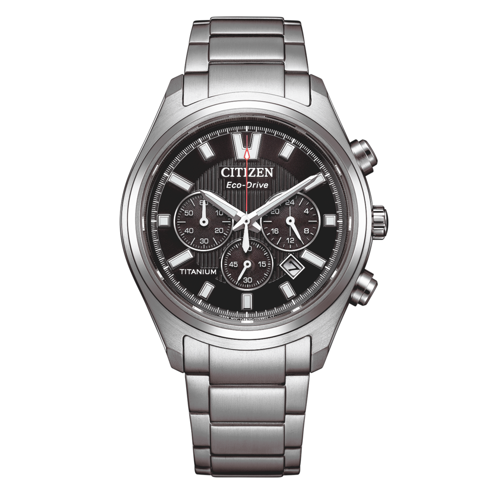 A titanium Citizen Eco-Drive chronograph watch with a black dial.