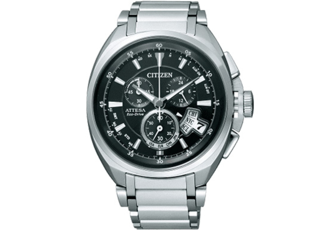 Citizen Attesa Eco-Drive watch with a black dial and silver bracelet.