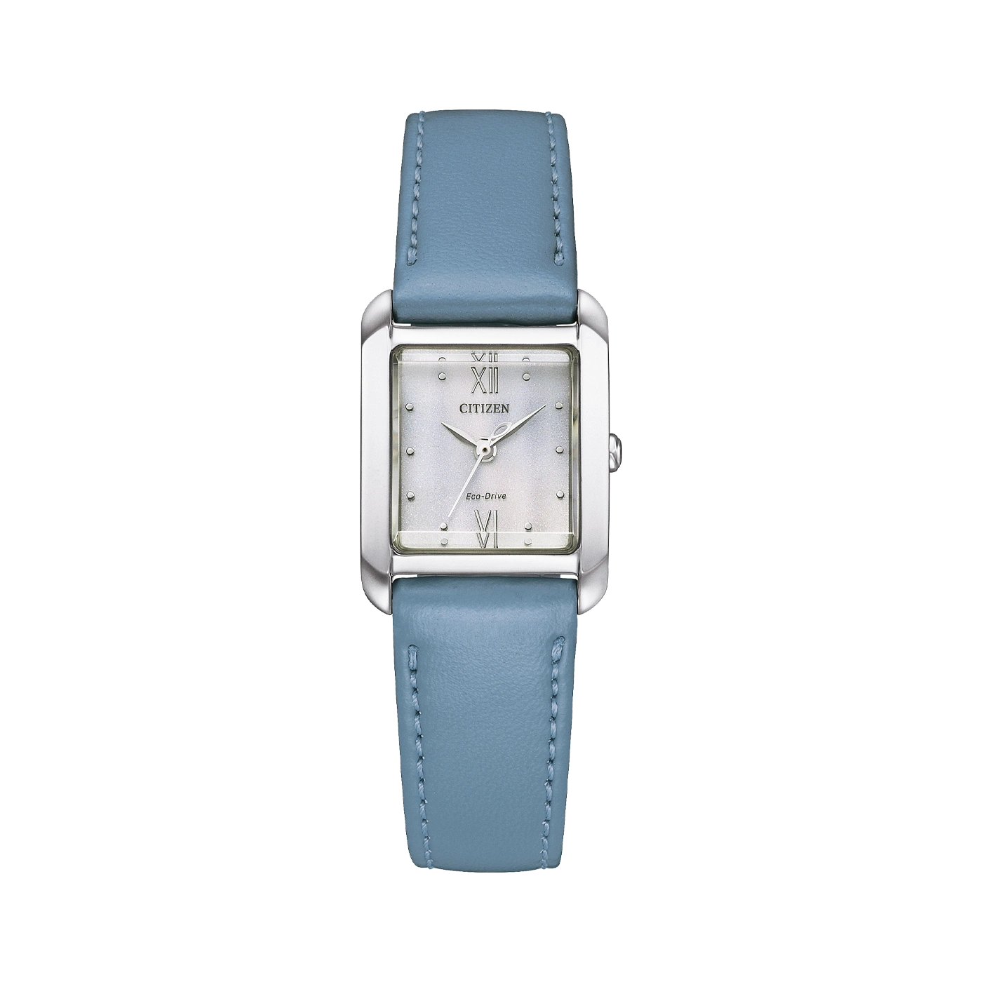 Citizen watch with a light blue leather strap and silver face