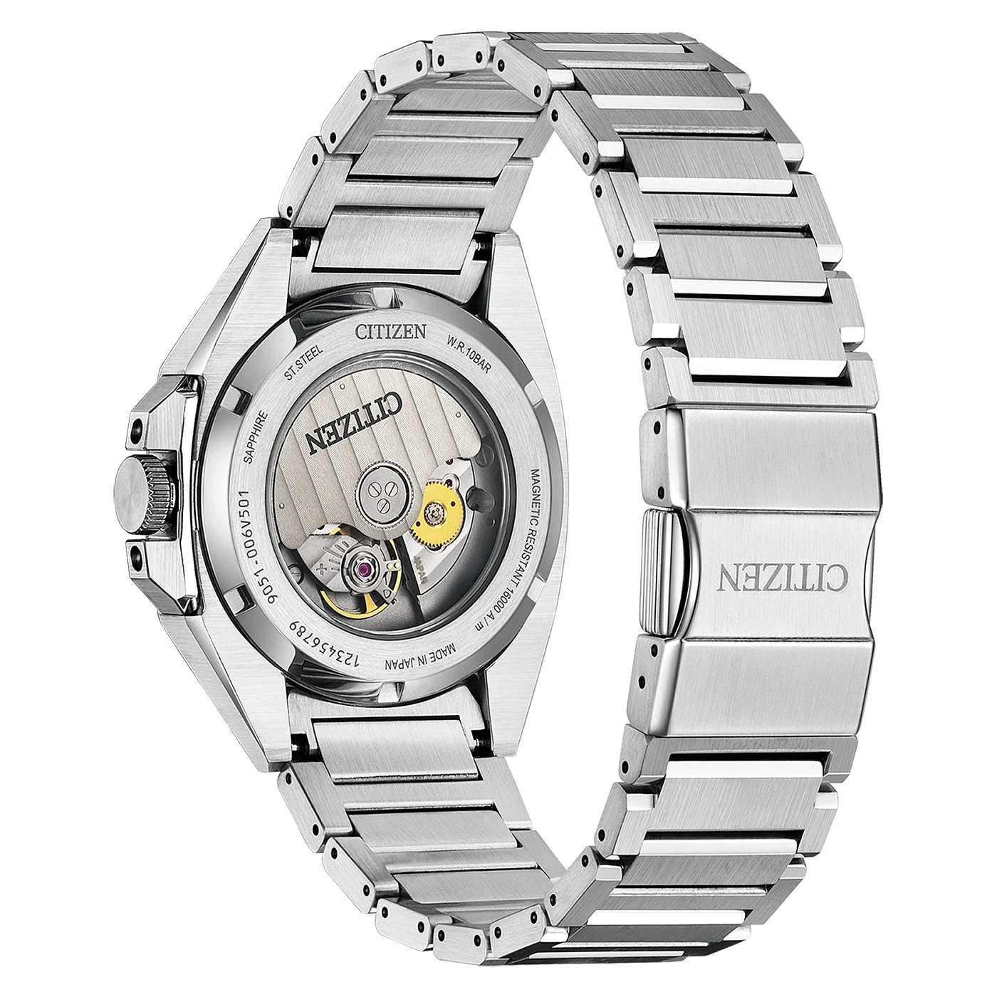Citizen watch with a stainless steel strap and a transparent back.