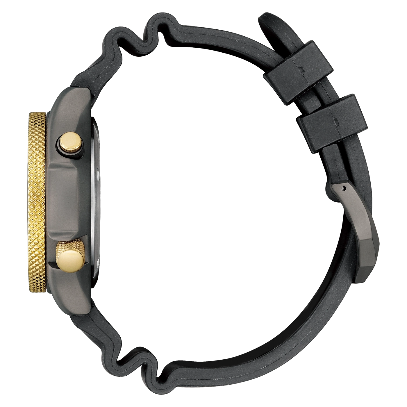 Side view of a black watch with gold accents and a black strap.