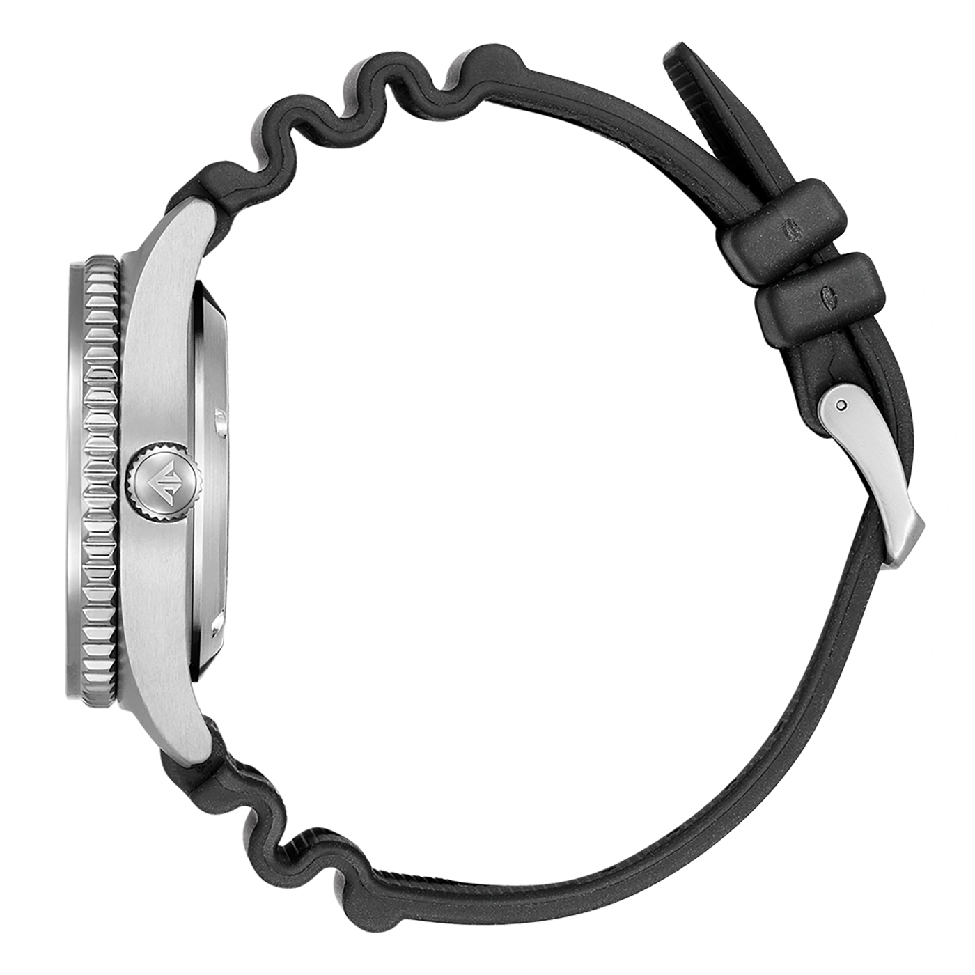 Watch with black strap and silver case, side view, close-up shot.